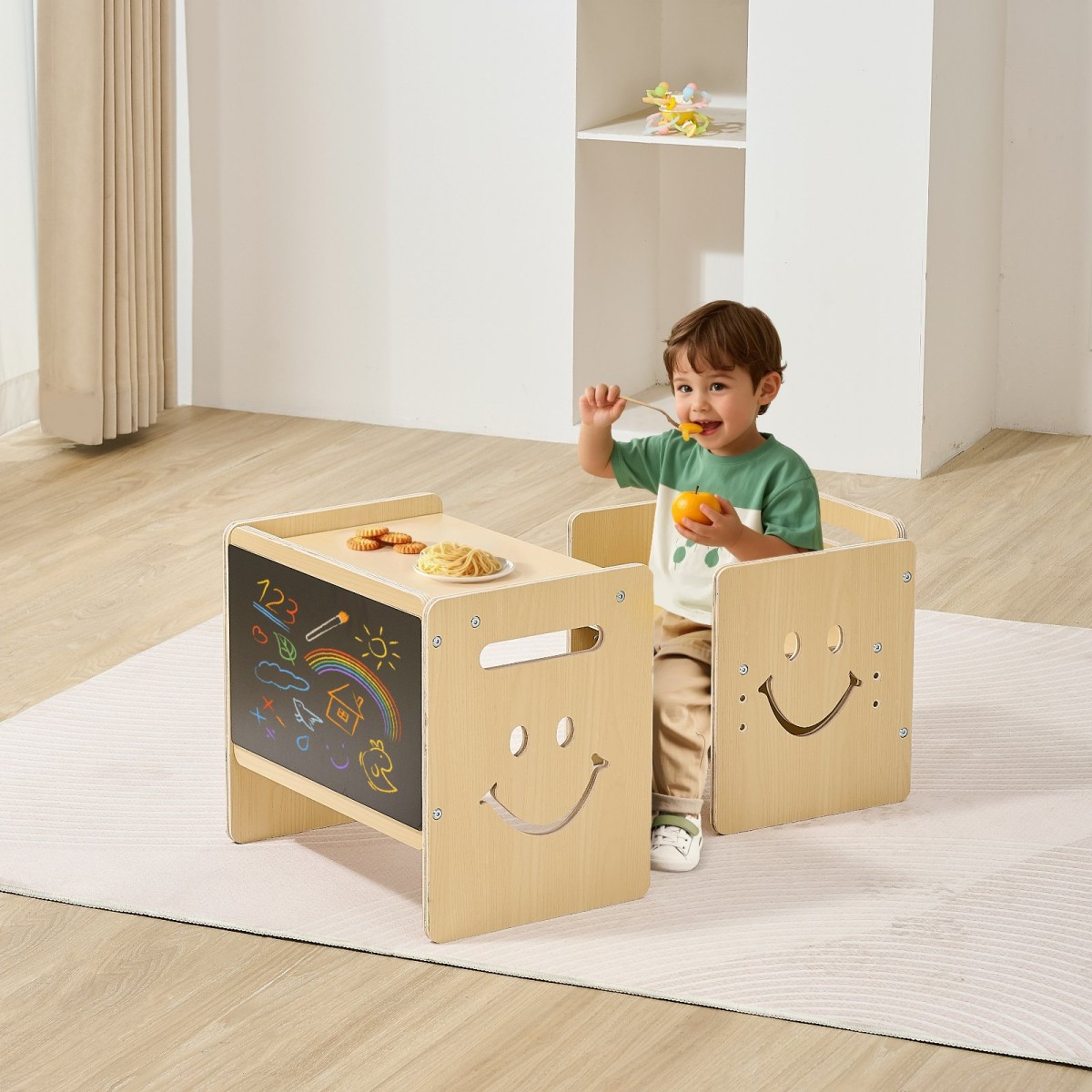 Τραπέζι και καρέκλα απογαλακτισμού VEVOR Montessori, 3 σε 1 Ξύλινο τραπέζι και καρέκλες για μικρά παιδιά με μαυροπίνακα, ρυθμιζόμενο ύψος τραπεζάκι Montessori για ηλικίες 1-5, Ιδανικό για σχέδιο, διάβασμα, φαγητό - Φυσικό