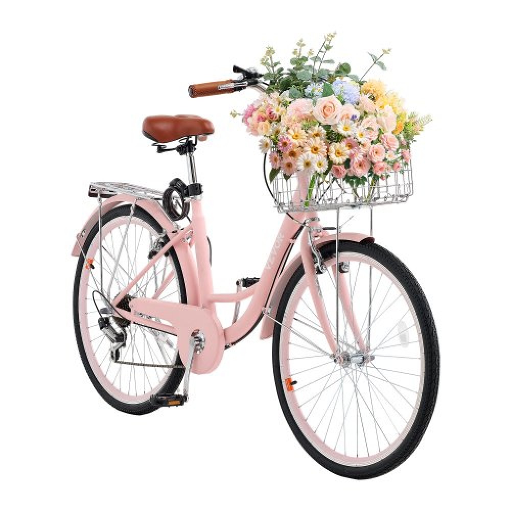 VEVOR Cruiser ποδήλατο, 7-τάχυτο, 26-ιντσών Pink Beach Cruiser ποδήλατο με καλάθι μεγάλης χωρητικότητας και πίσω σχάρα, ασφαλές και ανθεκτικό ποδήλατο Cruiser με ρυθμιζόμενο κάθισμα, κατάλληλο για ποδηλασία, άσκηση και αγορές
