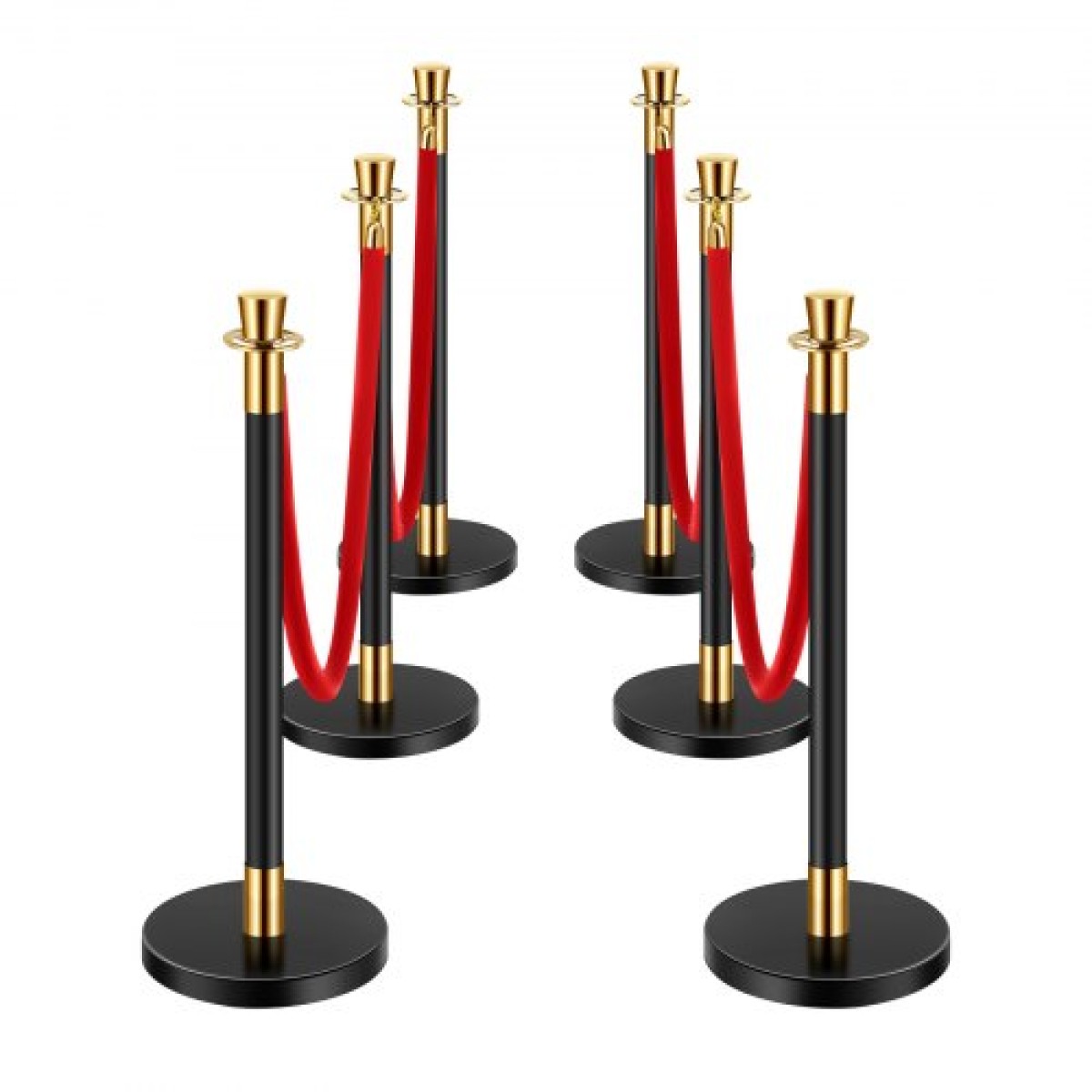 VEVOR Stanchion Post, 6 Pcs Crowd Control Barrier με 4 Red Velvet Ropes, 5 ft inox Stanchion Post Queue with Sand Injection Hollow Base for Theatre, Party, Wedding, Exhibition