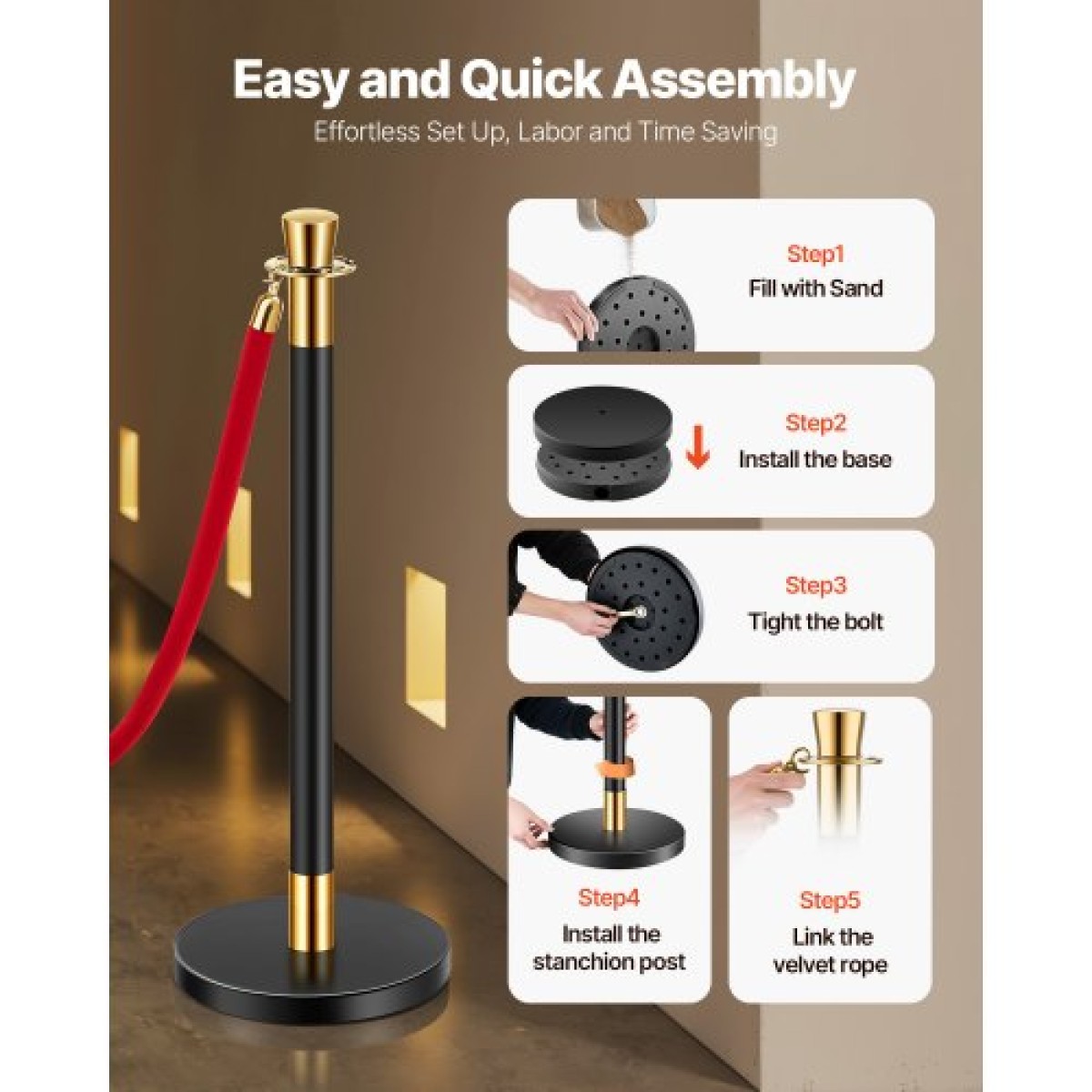VEVOR Stanchion Post, 6 Pcs Crowd Control Barrier με 4 Red Velvet Ropes, 5 ft inox Stanchion Post Queue with Sand Injection Hollow Base for Theatre, Party, Wedding, Exhibition