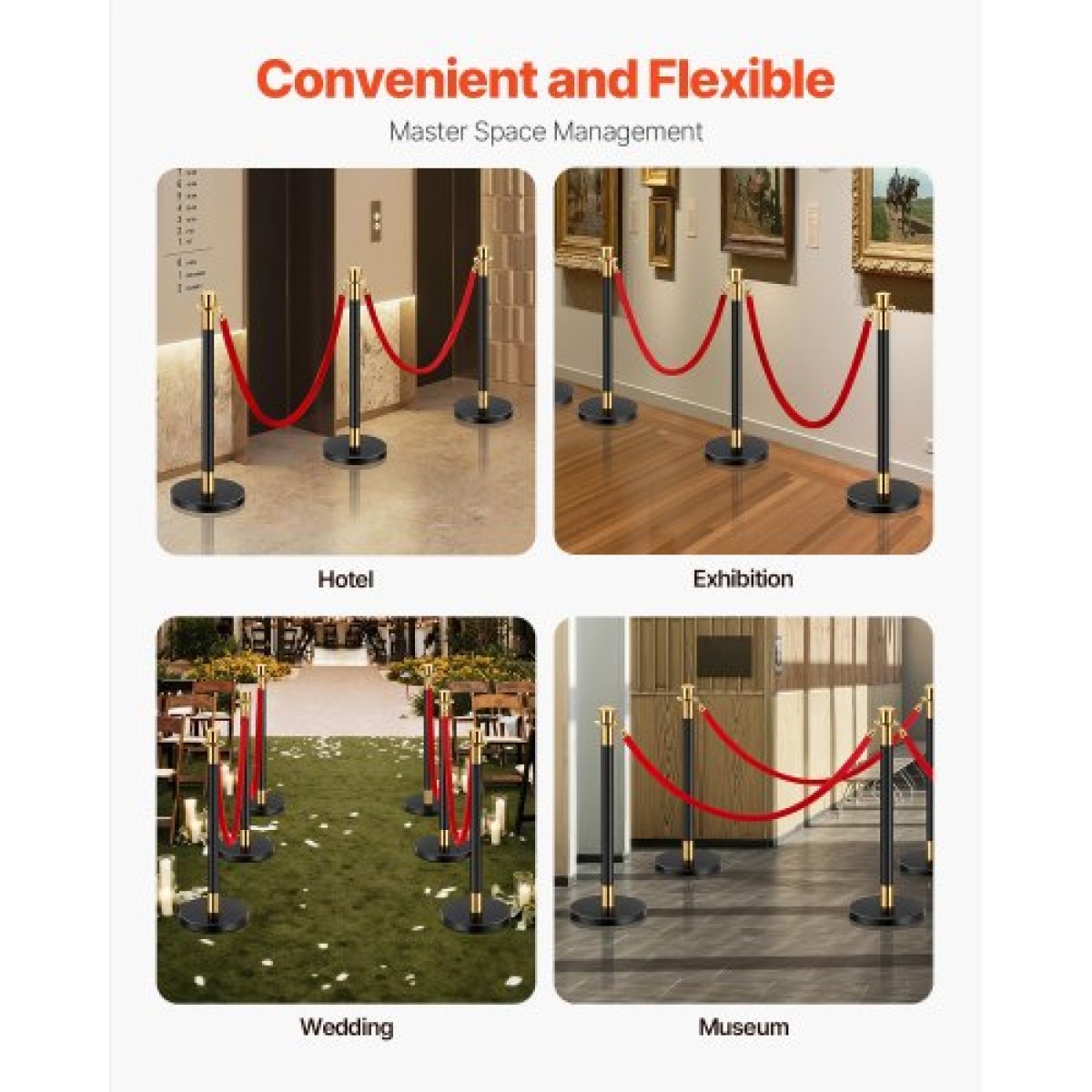 VEVOR Stanchion Post, 6 Pcs Crowd Control Barrier με 4 Red Velvet Ropes, 5 ft inox Stanchion Post Queue with Sand Injection Hollow Base for Theatre, Party, Wedding, Exhibition