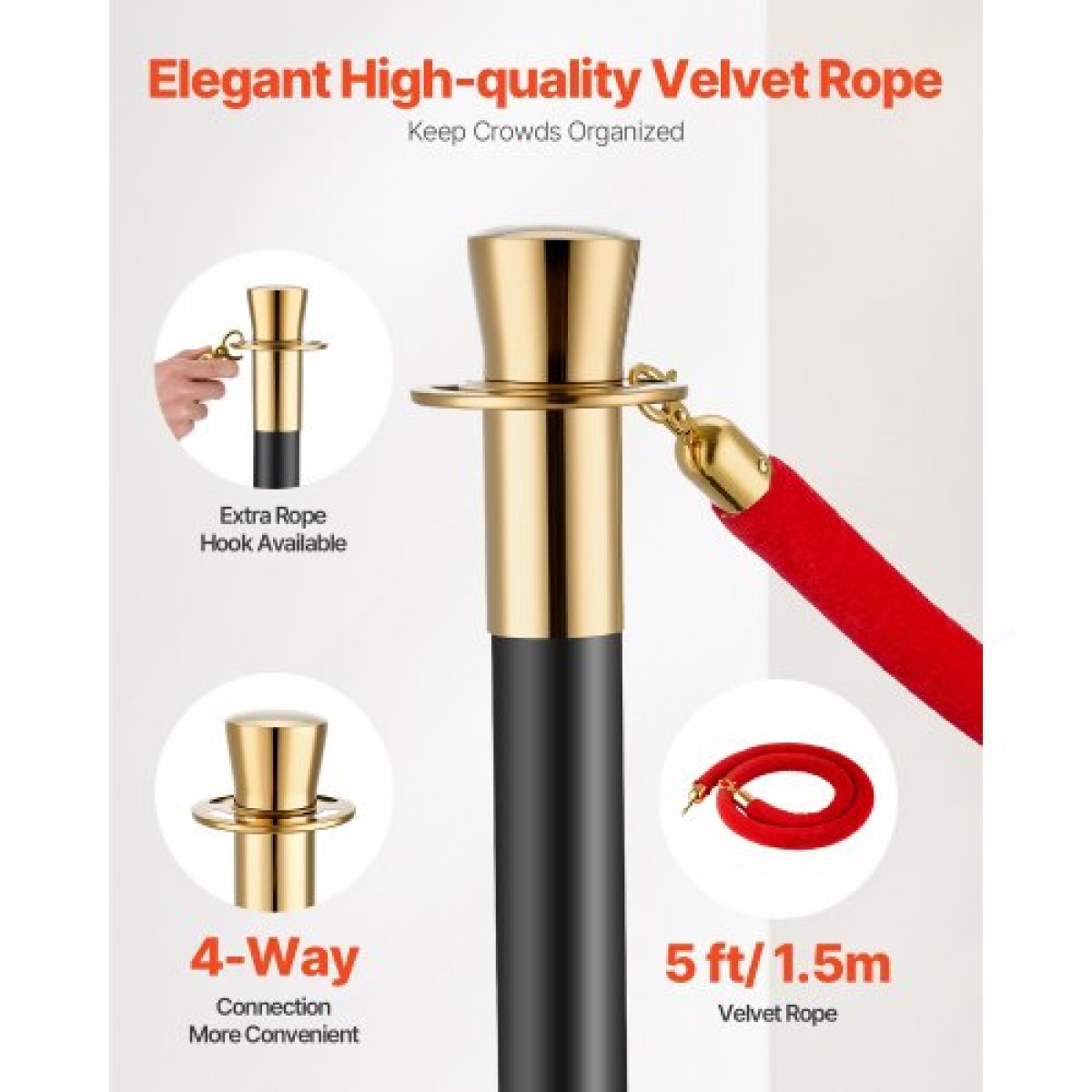 VEVOR Stanchion Post, 6 Pcs Crowd Control Barrier με 4 Red Velvet Ropes, 5 ft inox Stanchion Post Queue with Sand Injection Hollow Base for Theatre, Party, Wedding, Exhibition