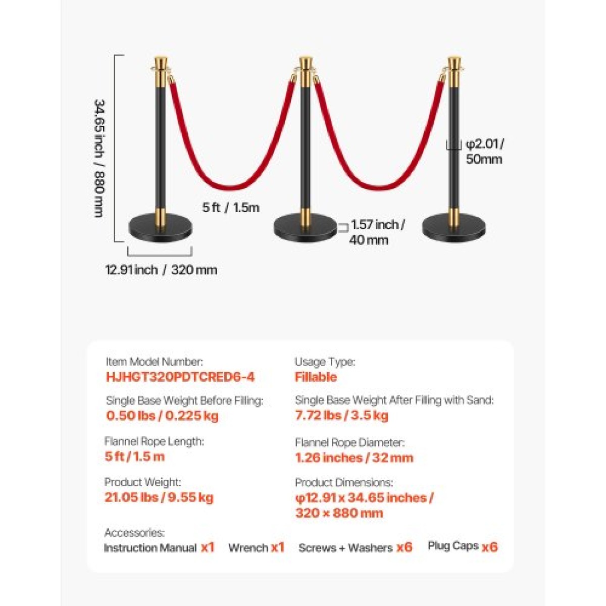 VEVOR Stanchion Post, 6 Pcs Crowd Control Barrier με 4 Red Velvet Ropes, 5 ft inox Stanchion Post Queue with Sand Injection Hollow Base for Theatre, Party, Wedding, Exhibition