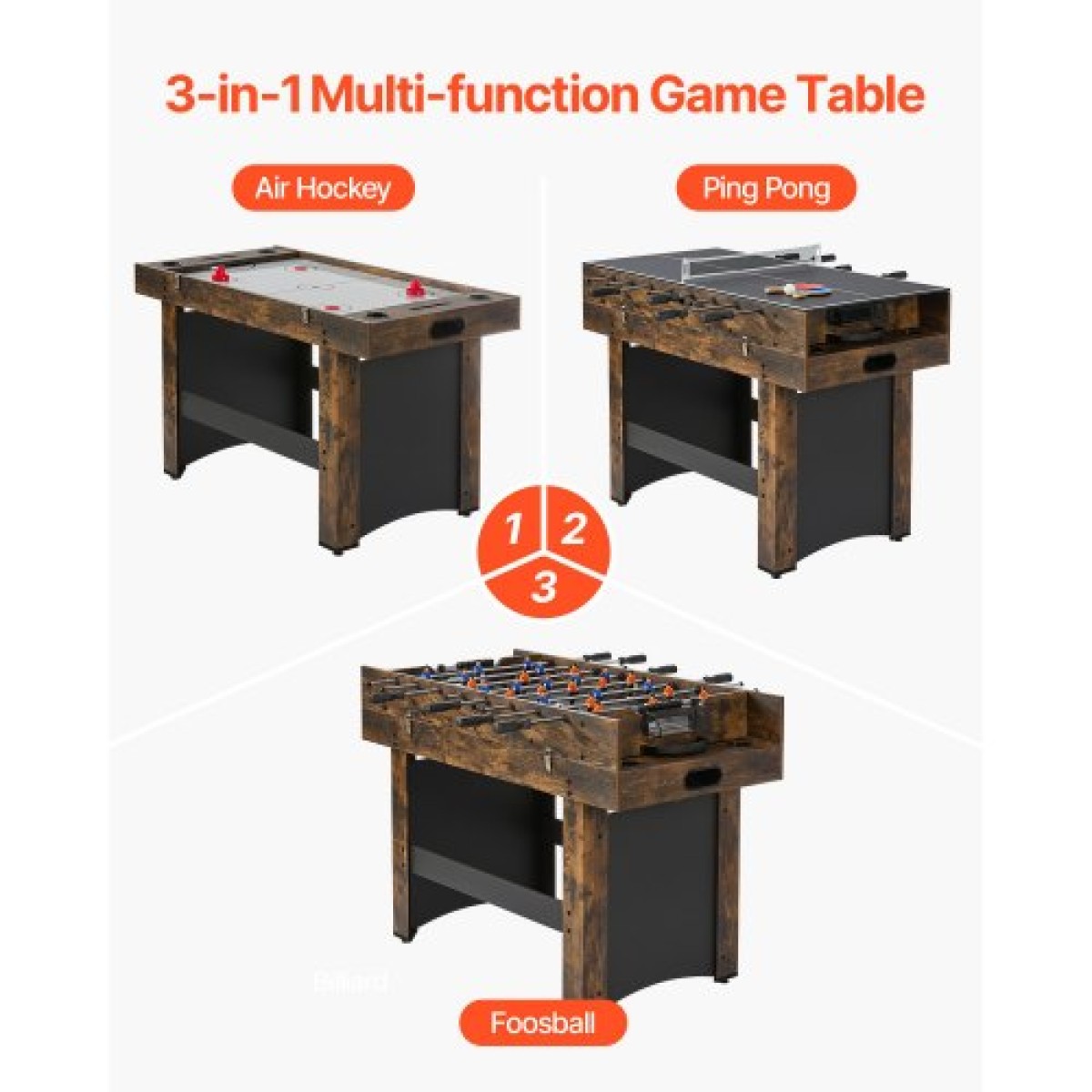VEVOR 3-σε-1 Combo Σετ τραπεζιού παιχνιδιών, Τραπέζι Air Hockey 54", Τραπέζι πολλαπλών συνδυασμών με Air Hockey, Ping Pong, Foosball, Pushers & Pucks, Air Powered Arcade Arcade Τραπέζι για Οικογενειακό Δωμάτιο Παιχνιδιού Γραφείο