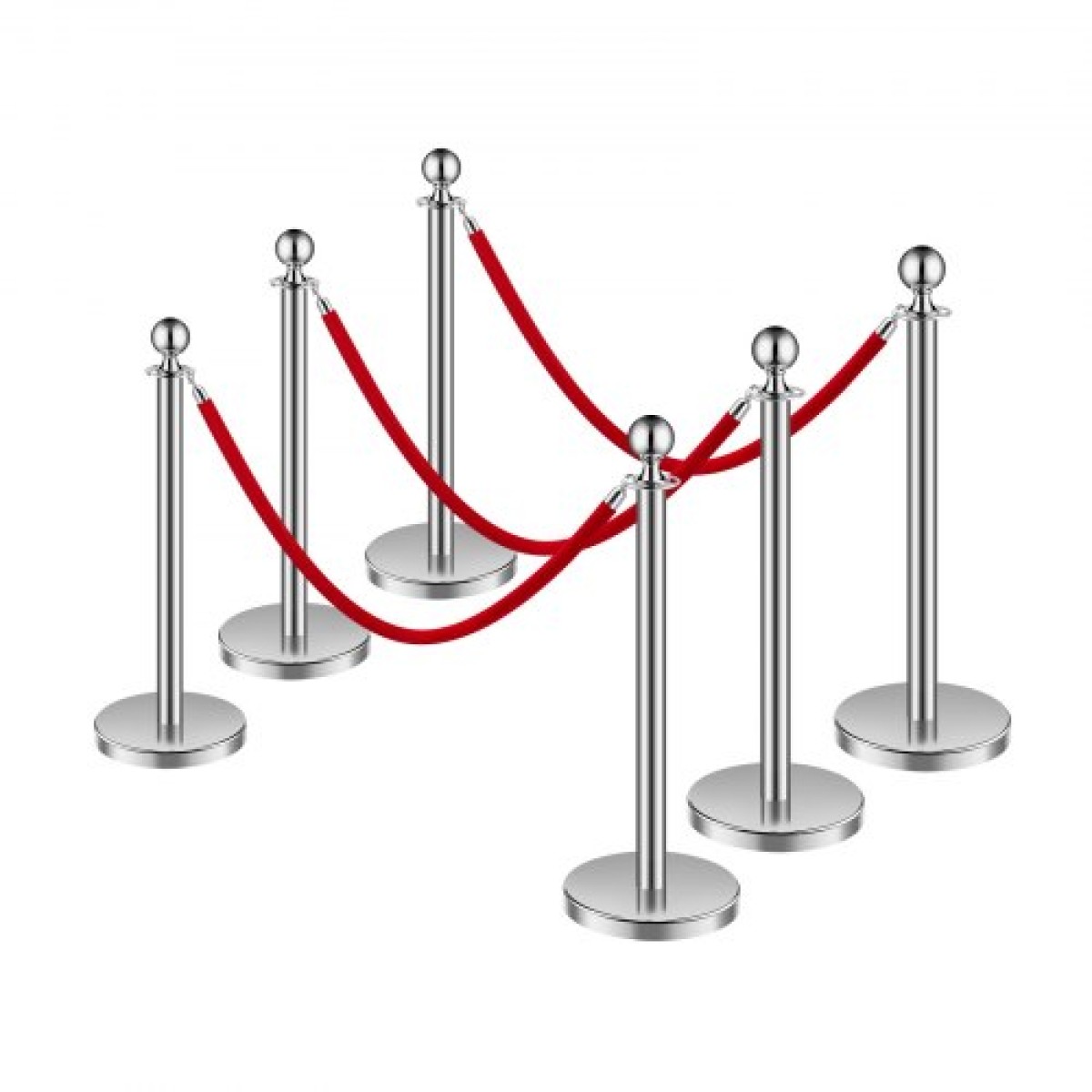 VEVOR Stanchion Post, 6 Pcs Crowd Control Barrier Set με 3 Red Velvet Ropes, 5 ft inox Stanchion Stanchion Post Queue with Sand Injection Hollow Base for Theater, Party, Wedding, Exhibition