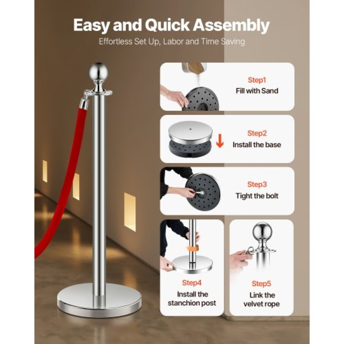 VEVOR Stanchion Post, 6 Pcs Crowd Control Barrier Set με 3 Red Velvet Ropes, 5 ft inox Stanchion Stanchion Post Queue with Sand Injection Hollow Base for Theater, Party, Wedding, Exhibition