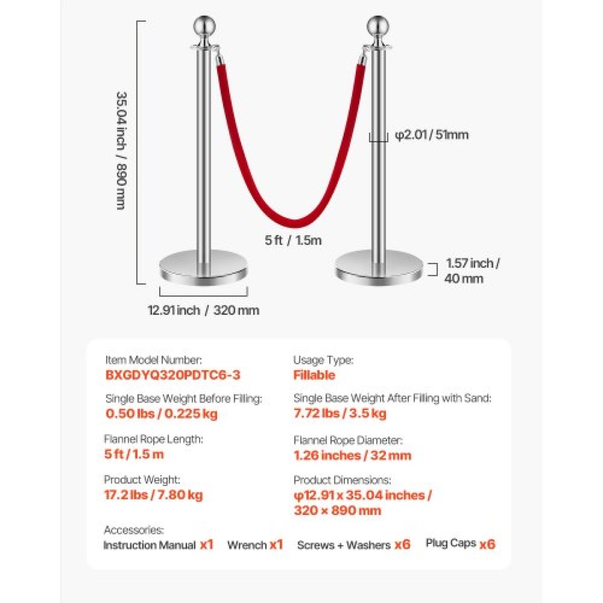 VEVOR Stanchion Post, 6 Pcs Crowd Control Barrier Set με 3 Red Velvet Ropes, 5 ft inox Stanchion Stanchion Post Queue with Sand Injection Hollow Base for Theater, Party, Wedding, Exhibition