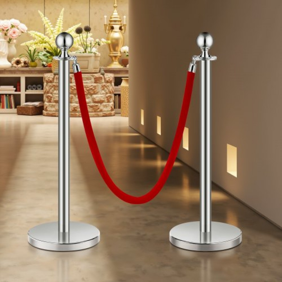 VEVOR Stanchion Post, 6 Pcs Crowd Control Barrier Set με 3 Red Velvet Ropes, 5 ft inox Stanchion Stanchion Post Queue with Sand Injection Hollow Base for Theater, Party, Wedding, Exhibition