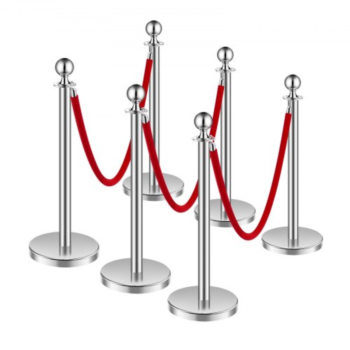 VEVOR Stanchion Post, 6 Pcs Crowd Control Barrier Set με 3 Red Velvet Ropes, 5 ft inox Stanchion Stanchion Post Queue with Sand Injection Hollow Base for Theater, Party, Wedding, Exhibition