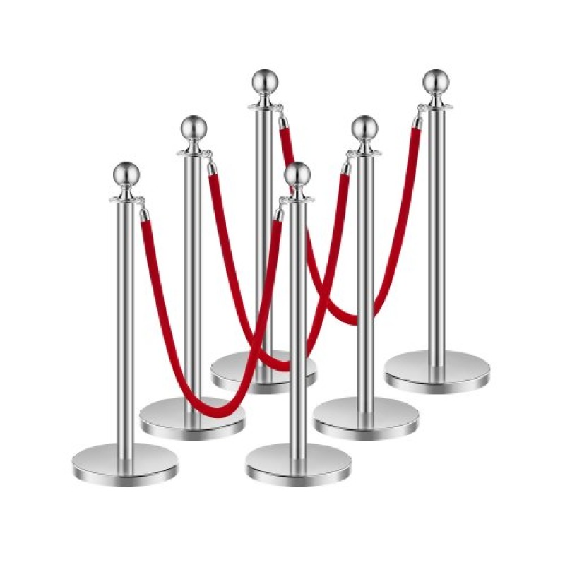 VEVOR Stanchion Post, 6 Pcs Crowd Control Barrier Set με 3 Red Velvet Ropes, 5 ft inox Stanchion Stanchion Post Queue with Sand Injection Hollow Base for Theater, Party, Wedding, Exhibition