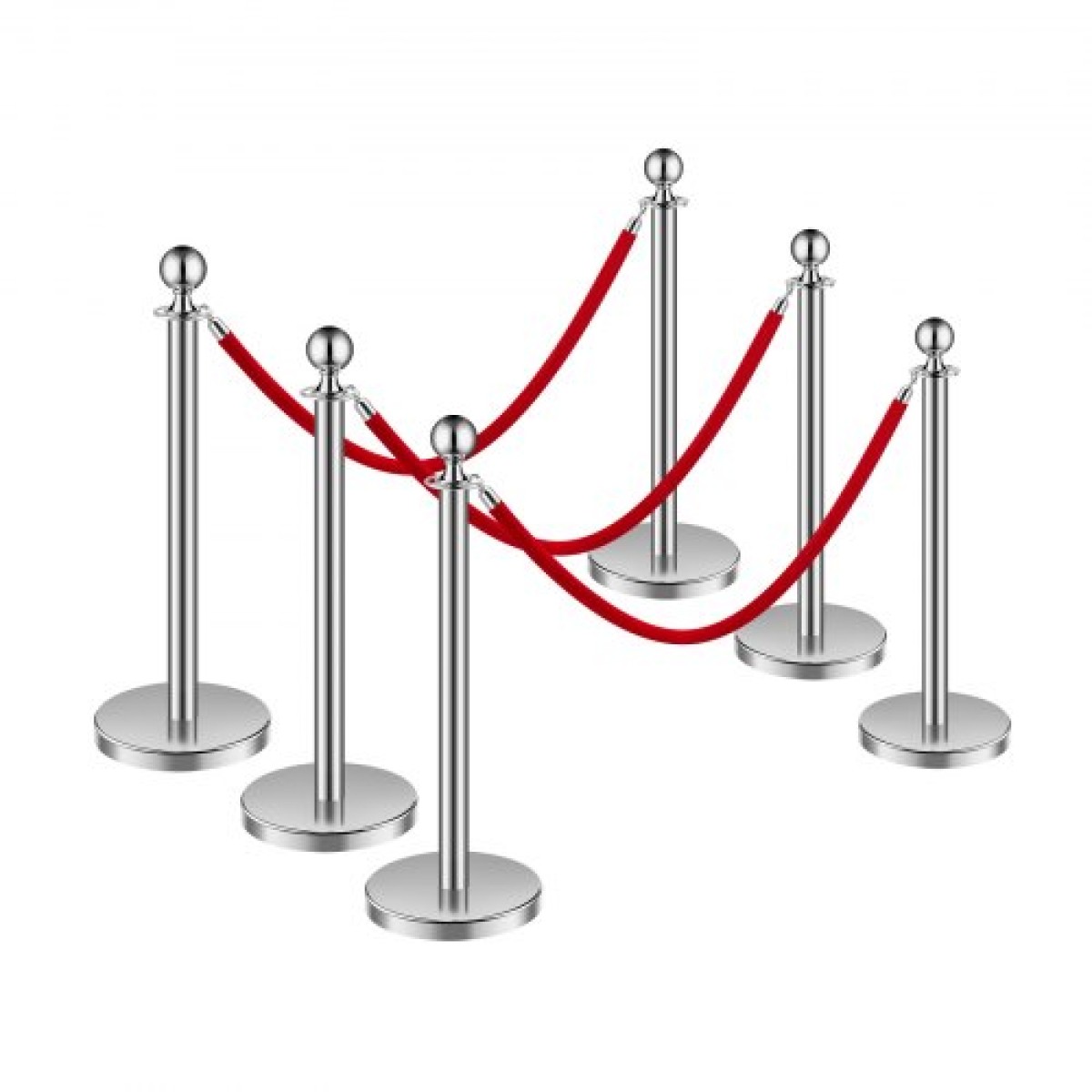 VEVOR Stanchion Post, 6 Pcs Crowd Control Barrier Set με 3 Red Velvet Ropes, 5 ft inox Stanchion Stanchion Post Queue with Sand Injection Hollow Base for Theater, Party, Wedding, Exhibition