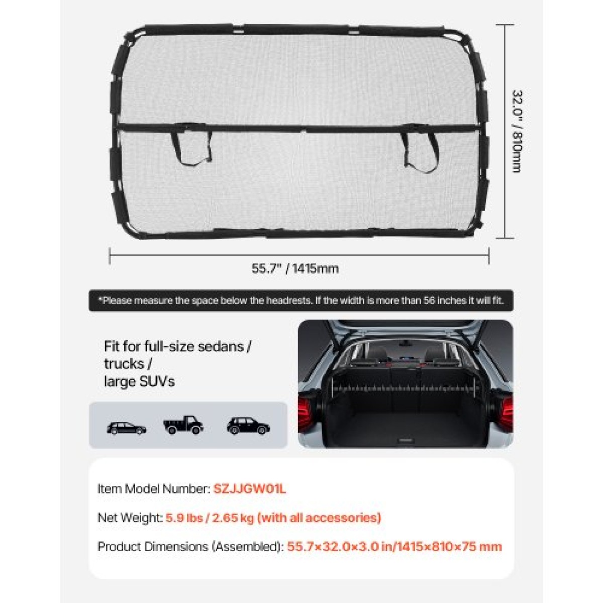 VEVOR Dog Car Barrier, Ευρύ διαχωριστικό αυτοκινήτου 56" για εγκατάσταση μπροστινών καθισμάτων, Vehicle Pet Barrier with See Through Net Mesh, Universal-Fit Barrier Dog Car Barrier για πλήρους μεγέθους σεντάν, φορτηγά και SUV, Μαύρο