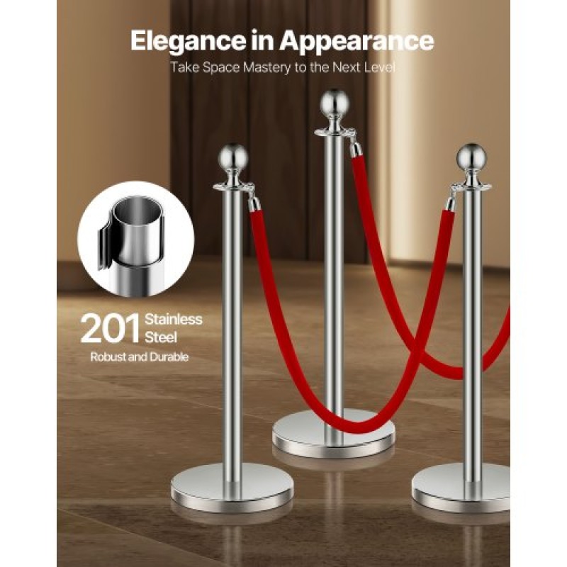 VEVOR Stanchion Post, 4 τμχ Crowd Control Barrier Set με 2 Red Velvet Ropes, 5 ft inox Stanchion Stanchion Post Queue with Sand Injection Hollow Base for Theater, Party, Wedding, Exhibition