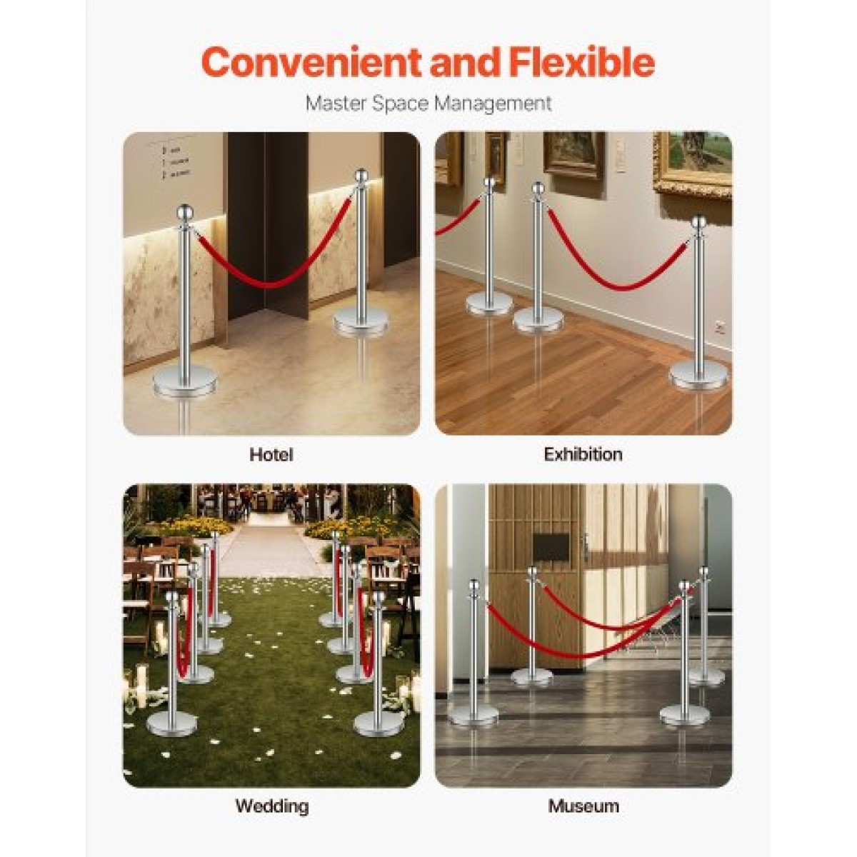 VEVOR Stanchion Post, 4 τμχ Crowd Control Barrier Set με 2 Red Velvet Ropes, 5 ft inox Stanchion Stanchion Post Queue with Sand Injection Hollow Base for Theater, Party, Wedding, Exhibition