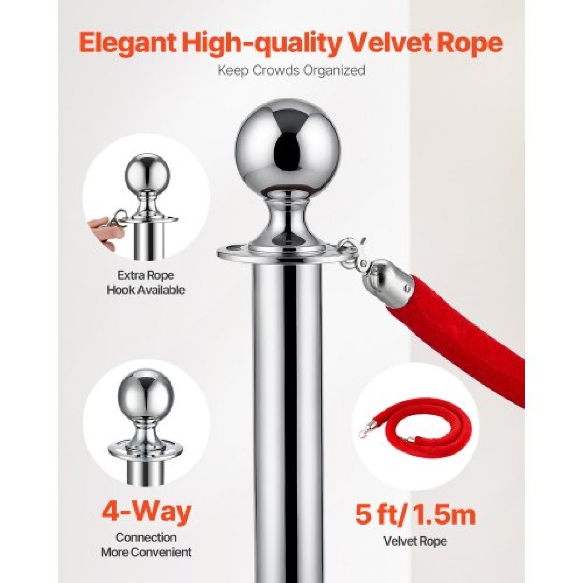 VEVOR Stanchion Post, 4 τμχ Crowd Control Barrier Set με 2 Red Velvet Ropes, 5 ft inox Stanchion Stanchion Post Queue with Sand Injection Hollow Base for Theater, Party, Wedding, Exhibition
