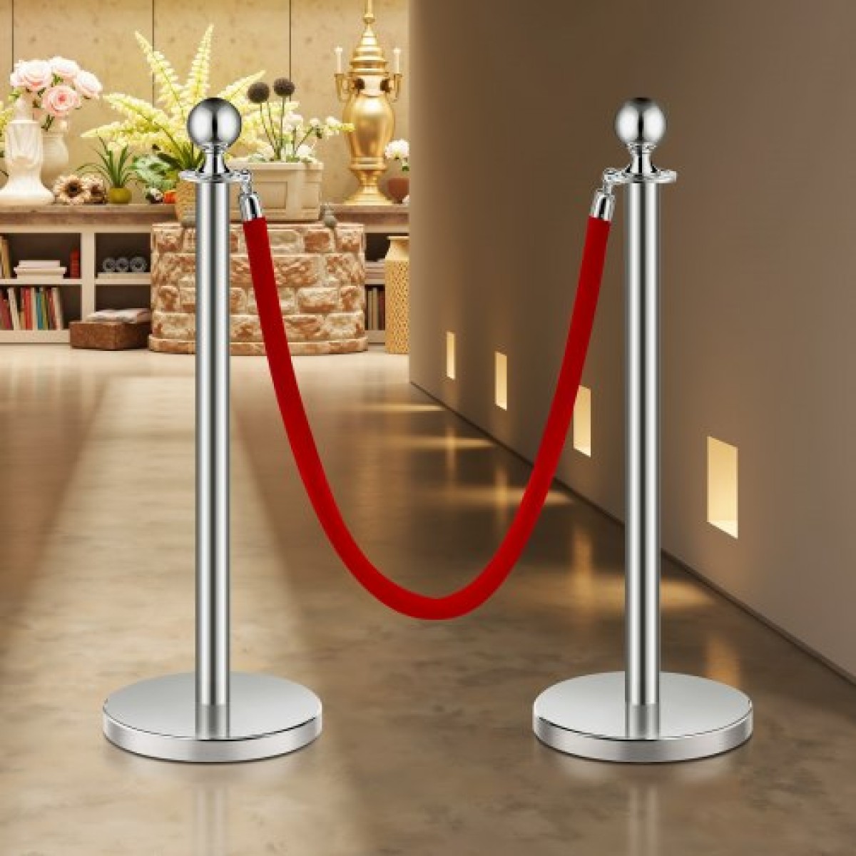 VEVOR Stanchion Post, 4 τμχ Crowd Control Barrier Set με 2 Red Velvet Ropes, 5 ft inox Stanchion Stanchion Post Queue with Sand Injection Hollow Base for Theater, Party, Wedding, Exhibition