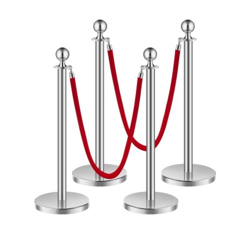 VEVOR Stanchion Post, 4 τμχ Crowd Control Barrier Set με 2 Red Velvet Ropes, 5 ft inox Stanchion Stanchion Post Queue with Sand Injection Hollow Base for Theater, Party, Wedding, Exhibition