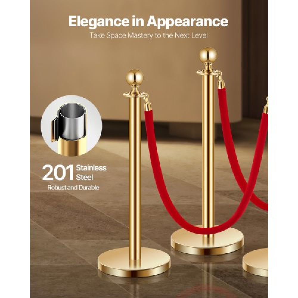 VEVOR Stanchions and Velvet Ropes 6Pcs, Κοίλη βάση με στύλο από ανοξείδωτο ατσάλι, 4 Red Velvet σχοινιά και στύλοι, Crowd Control Barriers Gold Stands, Red Carpet Runner κοντάρια για είδη πάρτι