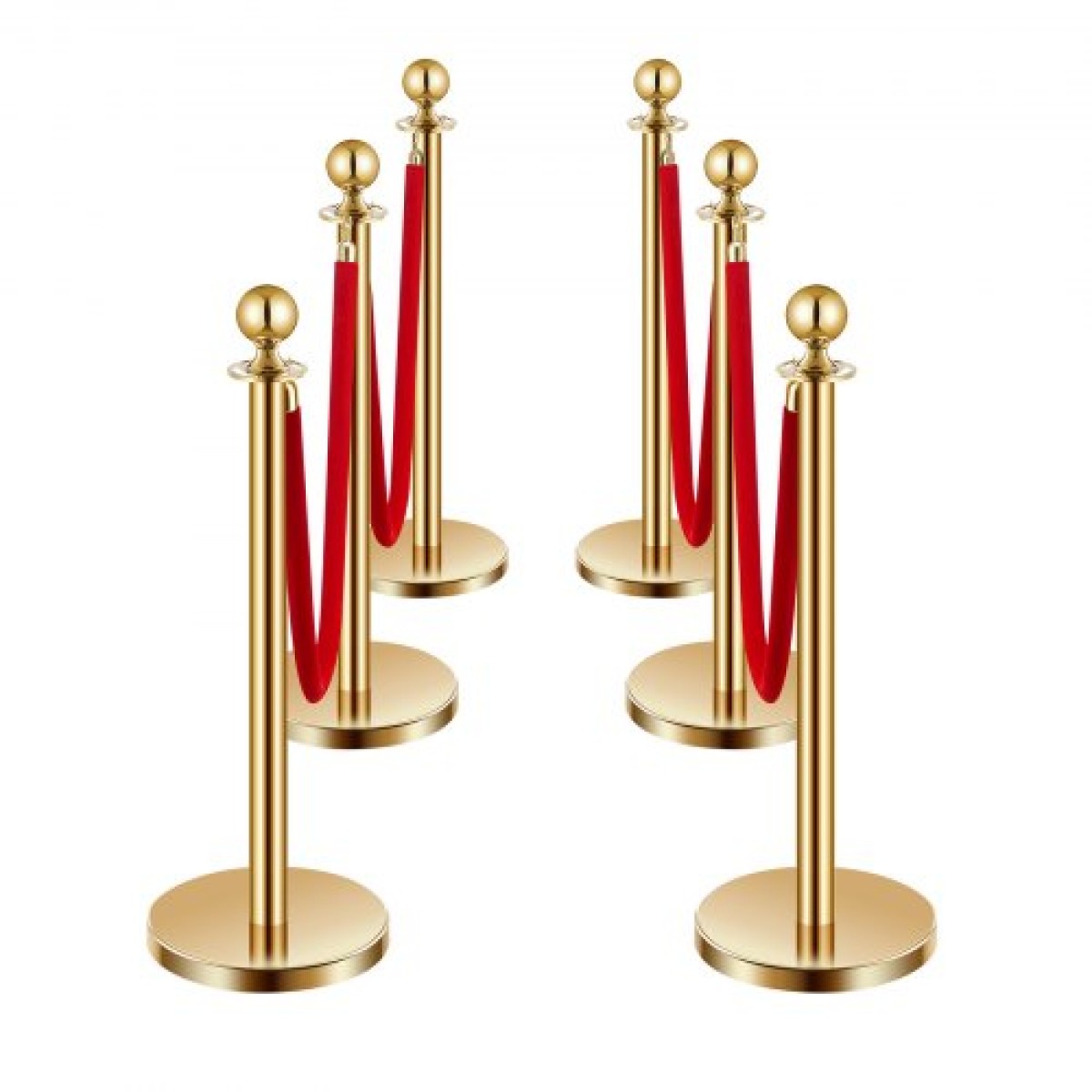 VEVOR Stanchions and Velvet Ropes 6Pcs, Κοίλη βάση με στύλο από ανοξείδωτο ατσάλι, 4 Red Velvet σχοινιά και στύλοι, Crowd Control Barriers Gold Stands, Red Carpet Runner κοντάρια για είδη πάρτι