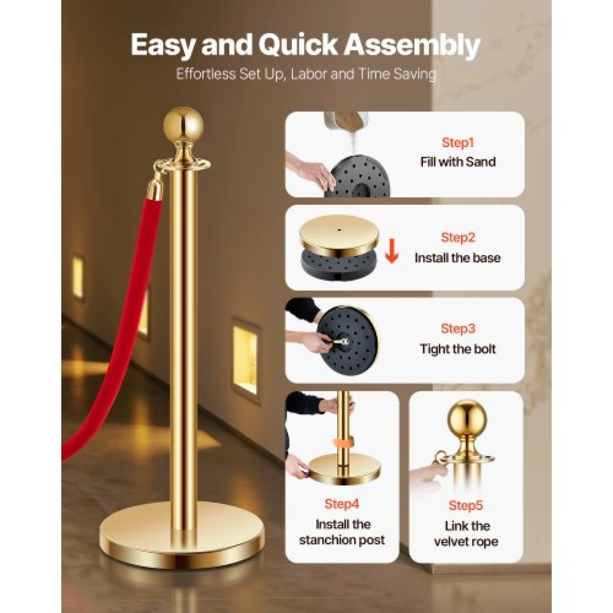 VEVOR Stanchions and Velvet Ropes 6Pcs, Κοίλη βάση με στύλο από ανοξείδωτο ατσάλι, 4 Red Velvet σχοινιά και στύλοι, Crowd Control Barriers Gold Stands, Red Carpet Runner κοντάρια για είδη πάρτι