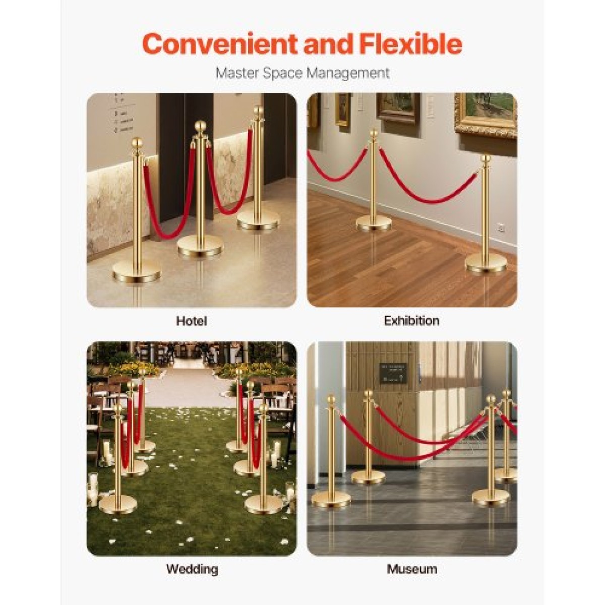 VEVOR Stanchions and Velvet Ropes 6Pcs, Κοίλη βάση με στύλο από ανοξείδωτο ατσάλι, 4 Red Velvet σχοινιά και στύλοι, Crowd Control Barriers Gold Stands, Red Carpet Runner κοντάρια για είδη πάρτι