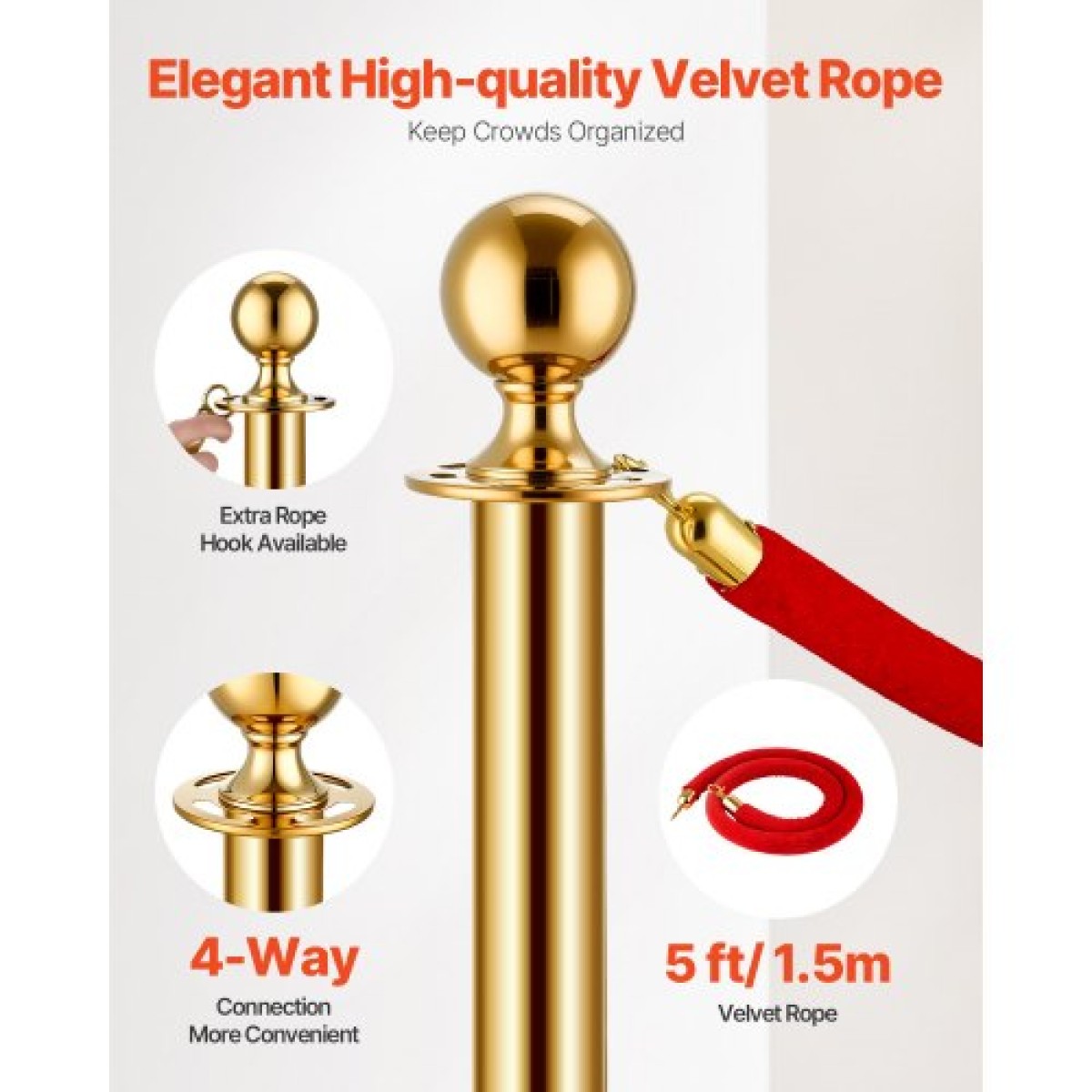 VEVOR Stanchions and Velvet Ropes 6Pcs, Κοίλη βάση με στύλο από ανοξείδωτο ατσάλι, 4 Red Velvet σχοινιά και στύλοι, Crowd Control Barriers Gold Stands, Red Carpet Runner κοντάρια για είδη πάρτι