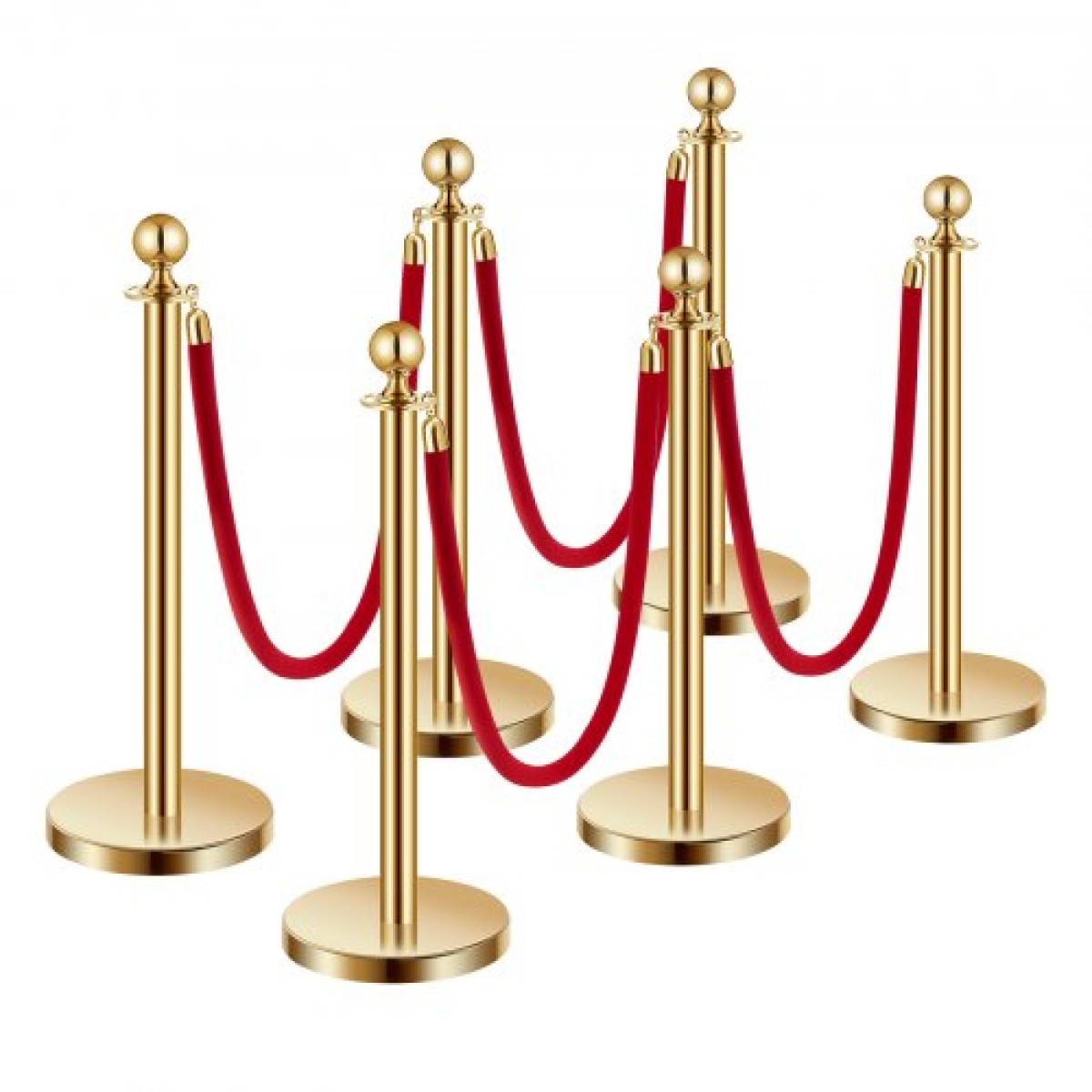 VEVOR Stanchions and Velvet Ropes 6Pcs, Κοίλη βάση με στύλο από ανοξείδωτο ατσάλι, 4 Red Velvet σχοινιά και στύλοι, Crowd Control Barriers Gold Stands, Red Carpet Runner κοντάρια για είδη πάρτι