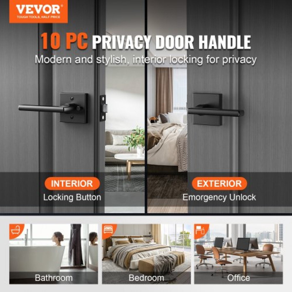 VEVOR Privacy λαβή πόρτας, 10 Pack Μαύρο ματ μοχλός πόρτας, αριστερός ή δεξιός αναστρέψιμος μοχλός με κλειδαριά χωρίς κλειδί, περιστροφή 45° σε ανοιχτό, Universal τετράγωνο εσωτερικό για πόρτες κρεβατοκάμαρας και μπάνιου