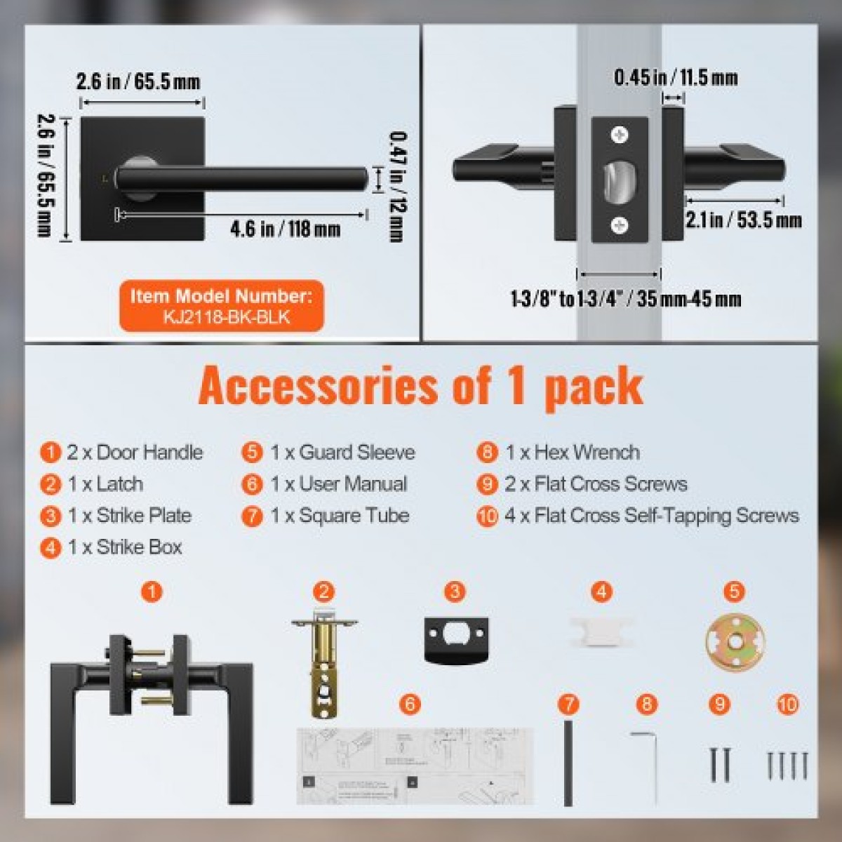 VEVOR Privacy λαβή πόρτας, 10 Pack Μαύρο ματ μοχλός πόρτας, αριστερός ή δεξιός αναστρέψιμος μοχλός με κλειδαριά χωρίς κλειδί, περιστροφή 45° σε ανοιχτό, Universal τετράγωνο εσωτερικό για πόρτες κρεβατοκάμαρας και μπάνιου