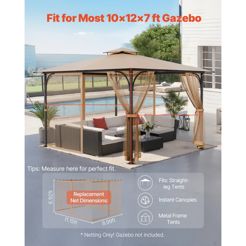 Αντικατάσταση διχτυού κιόσκι VEVOR, Fit Most 10 x 12 x 7 FT Κουρτίνα κιόσκι, Δίχτυ εξωτερικού χώρου, Διχτυωτό δίχτυ με 4 πάνελ, Διχτυωτό δίχτυ αίθριου με διπλό φερμουάρ, οθόνη με κουβούκλιο (μόνο με δίχτυ)