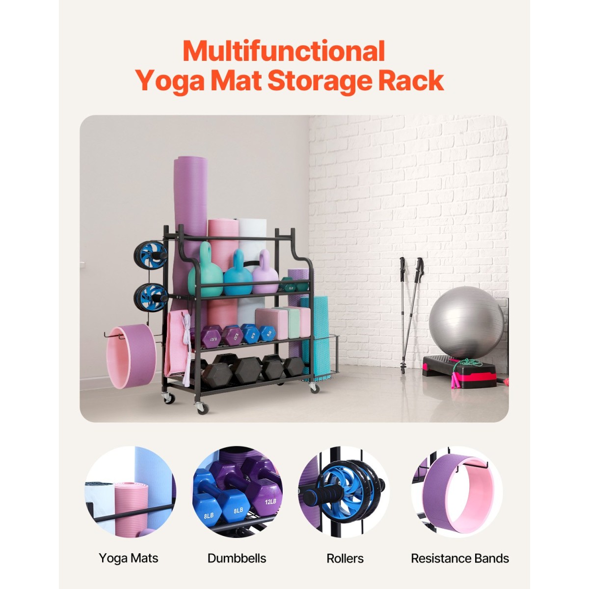 Βάση αποθήκευσης τάπητα γιόγκα VEVOR, οργάνωση εξοπλισμού γυμναστικής για το σπίτι, θήκη γιόγκα από χάλυβα με επίστρωση πούδρας με γάντζους και ρόδες, ράφι βαρών για αλτήρα, Kettlebell, κύλινδρο αφρού και λουρί γιόγκα