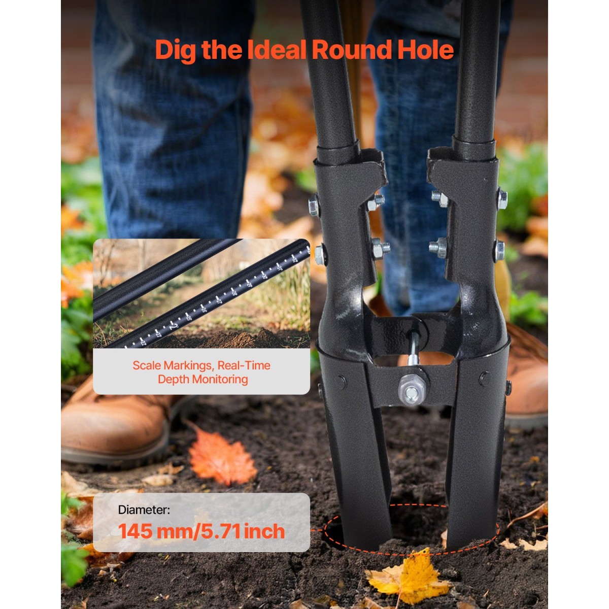 VEVOR Post Hole Digger, Heavy Duty Post Hole Digger με λαβή από ανθρακούχο χάλυβα, Manual Hole Digger με σήμανση κλίμακας και μεταλλική λεπίδα, Post Hole Digger Tool για σκάψιμο κηπουρικής σε εξωτερικούς χώρους, 57,5 ​​ιντσών