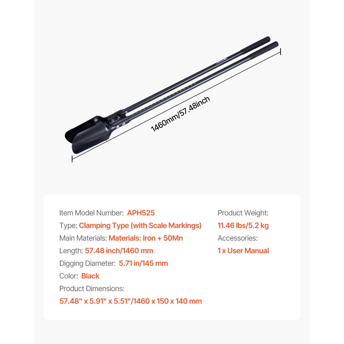 VEVOR Post Hole Digger, Heavy Duty Post Hole Digger με λαβή από ανθρακούχο χάλυβα, Manual Hole Digger με σήμανση κλίμακας και μεταλλική λεπίδα, Post Hole Digger Tool για σκάψιμο κηπουρικής σε εξωτερικούς χώρους, 57,5 ​​ιντσών