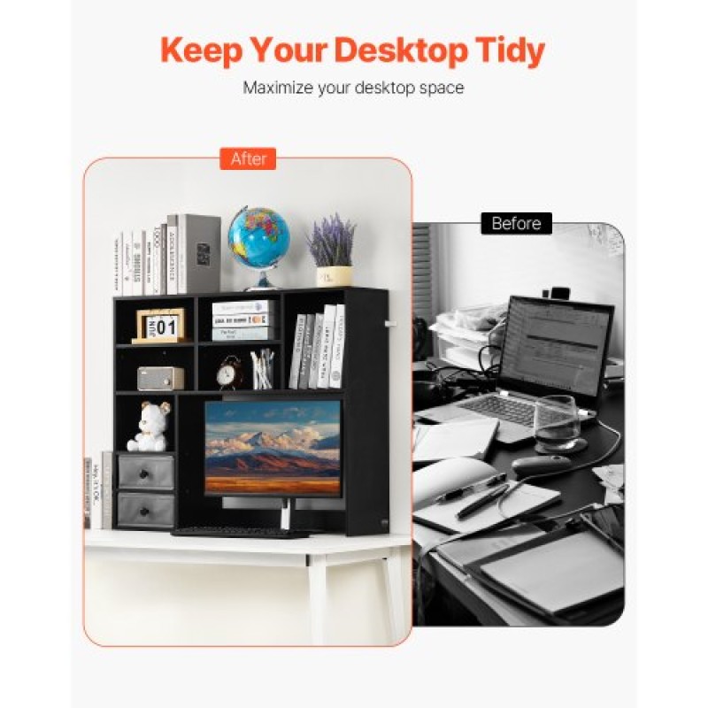 Επιτραπέζιο ράφι VEVOR, 3-Tier Desktop Storage Organizer, 37" x 10" x 31,1" ράφι γραφείου αποθήκευσης Ξύλινο ράφι, θήκη για επιτραπέζιο ράφι με δύο υφασμάτινα συρτάρια, για γραφείο, σπίτι και κοιτώνα, μαύρο