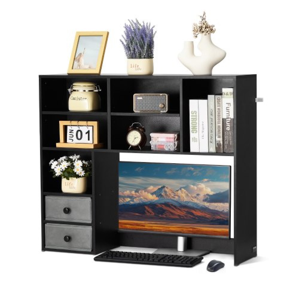Επιτραπέζιο ράφι VEVOR, 3-Tier Desktop Storage Organizer, 37" x 10" x 31,1" ράφι γραφείου αποθήκευσης Ξύλινο ράφι, θήκη για επιτραπέζιο ράφι με δύο υφασμάτινα συρτάρια, για γραφείο, σπίτι και κοιτώνα, μαύρο