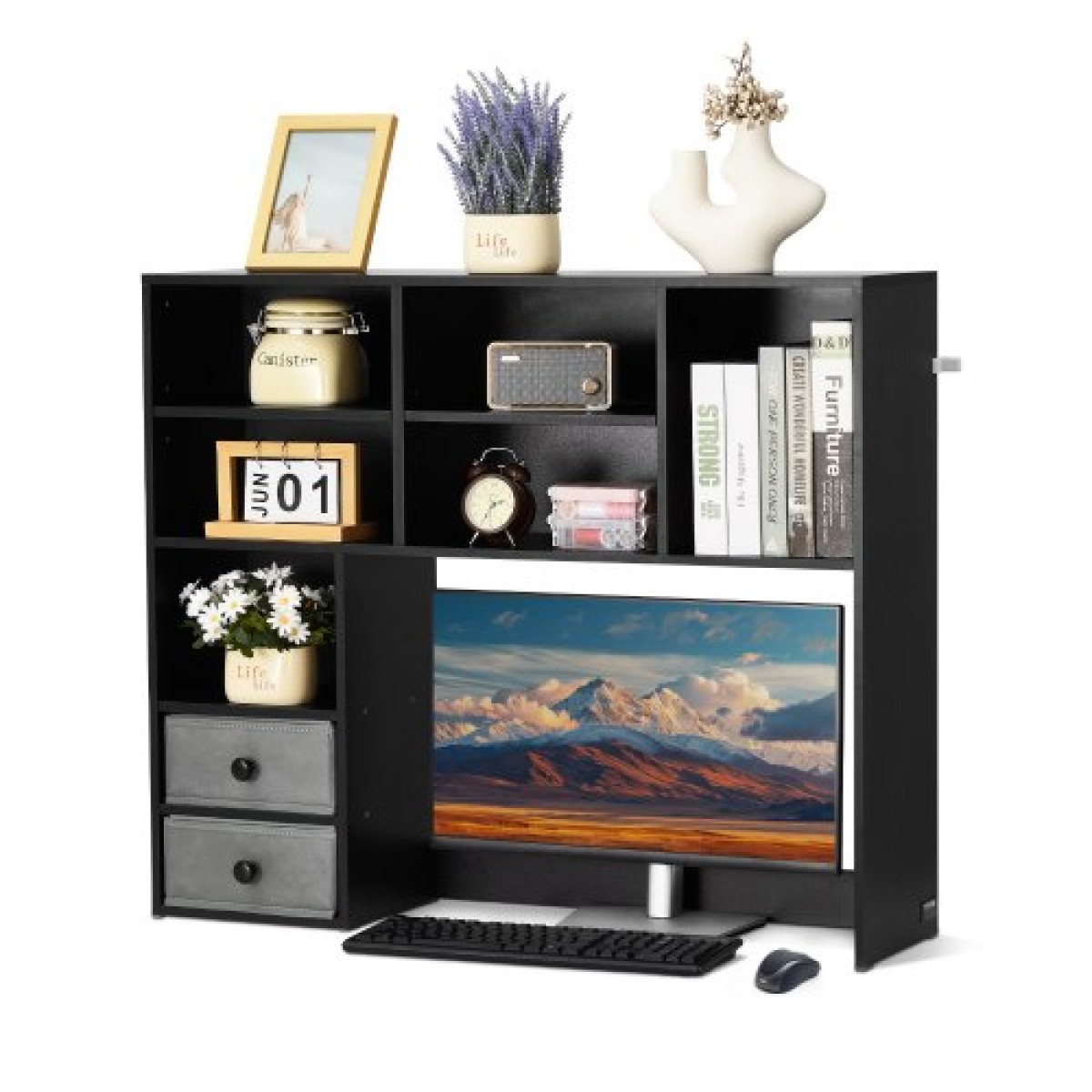 Επιτραπέζιο ράφι VEVOR, 3-Tier Desktop Storage Organizer, 37" x 10" x 31,1" ράφι γραφείου αποθήκευσης Ξύλινο ράφι, θήκη για επιτραπέζιο ράφι με δύο υφασμάτινα συρτάρια, για γραφείο, σπίτι και κοιτώνα, μαύρο