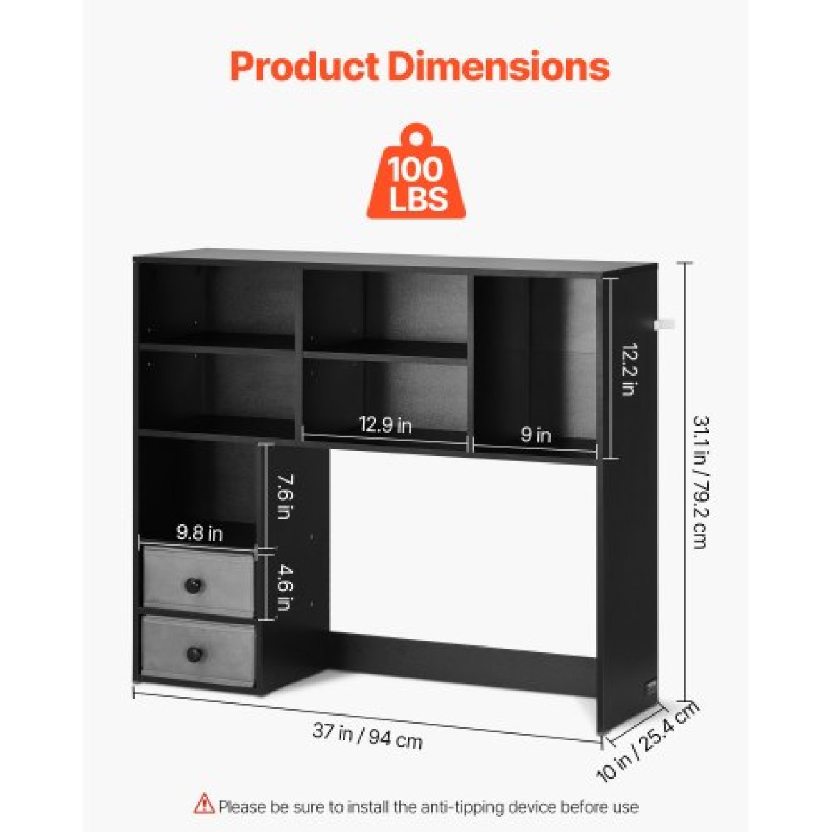 Επιτραπέζιο ράφι VEVOR, 3-Tier Desktop Storage Organizer, 37" x 10" x 31,1" ράφι γραφείου αποθήκευσης Ξύλινο ράφι, θήκη για επιτραπέζιο ράφι με δύο υφασμάτινα συρτάρια, για γραφείο, σπίτι και κοιτώνα, μαύρο