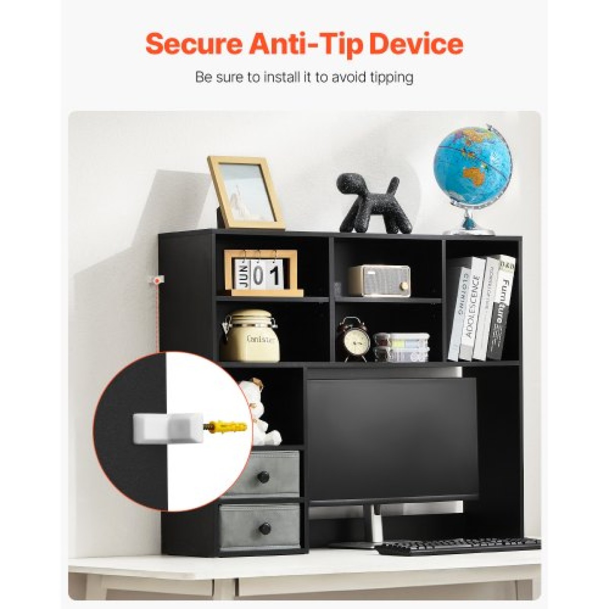 Επιτραπέζιο ράφι VEVOR, 3-Tier Desktop Storage Organizer, 37" x 10" x 31,1" ράφι γραφείου αποθήκευσης Ξύλινο ράφι, θήκη για επιτραπέζιο ράφι με δύο υφασμάτινα συρτάρια, για γραφείο, σπίτι και κοιτώνα, μαύρο