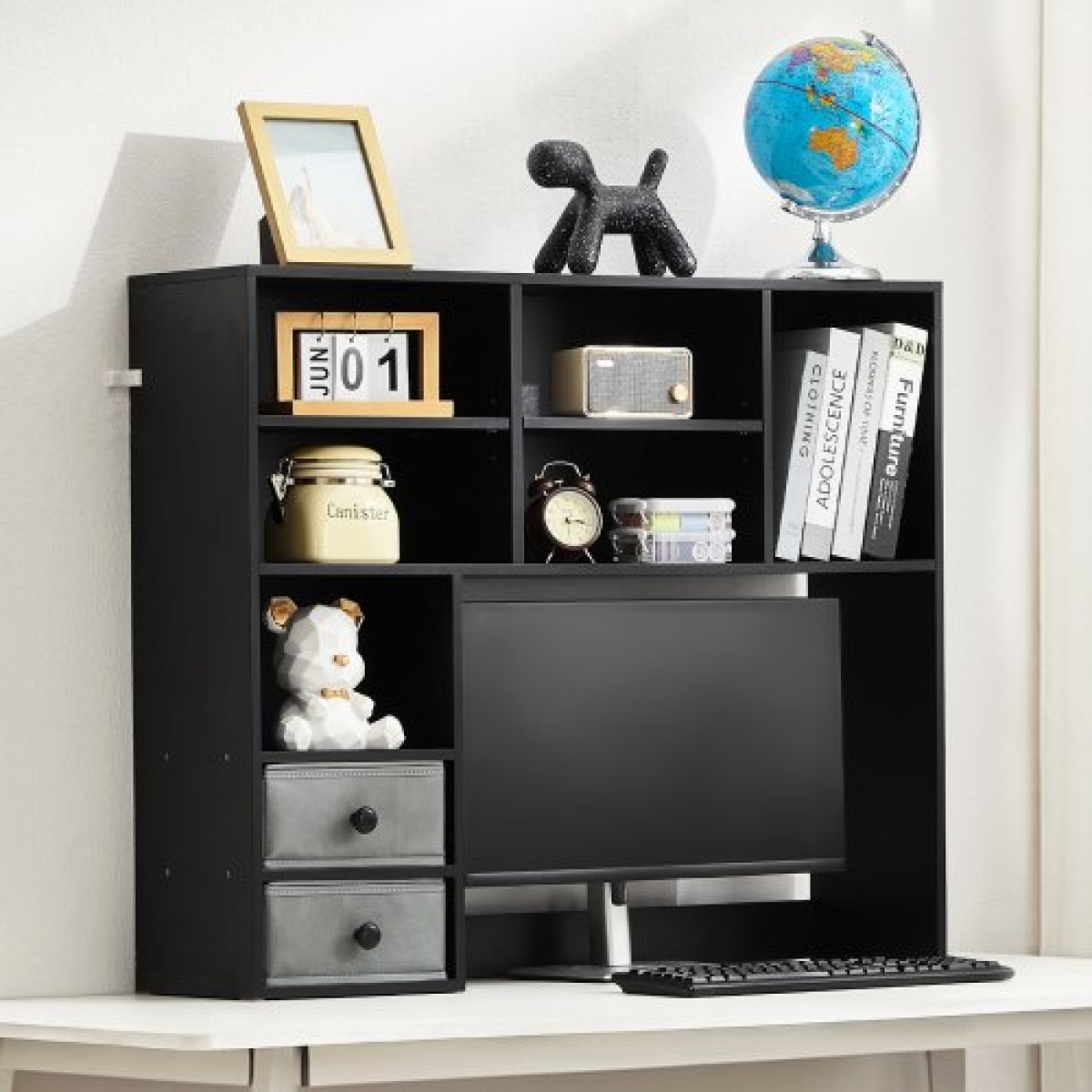Επιτραπέζιο ράφι VEVOR, 3-Tier Desktop Storage Organizer, 37" x 10" x 31,1" ράφι γραφείου αποθήκευσης Ξύλινο ράφι, θήκη για επιτραπέζιο ράφι με δύο υφασμάτινα συρτάρια, για γραφείο, σπίτι και κοιτώνα, μαύρο