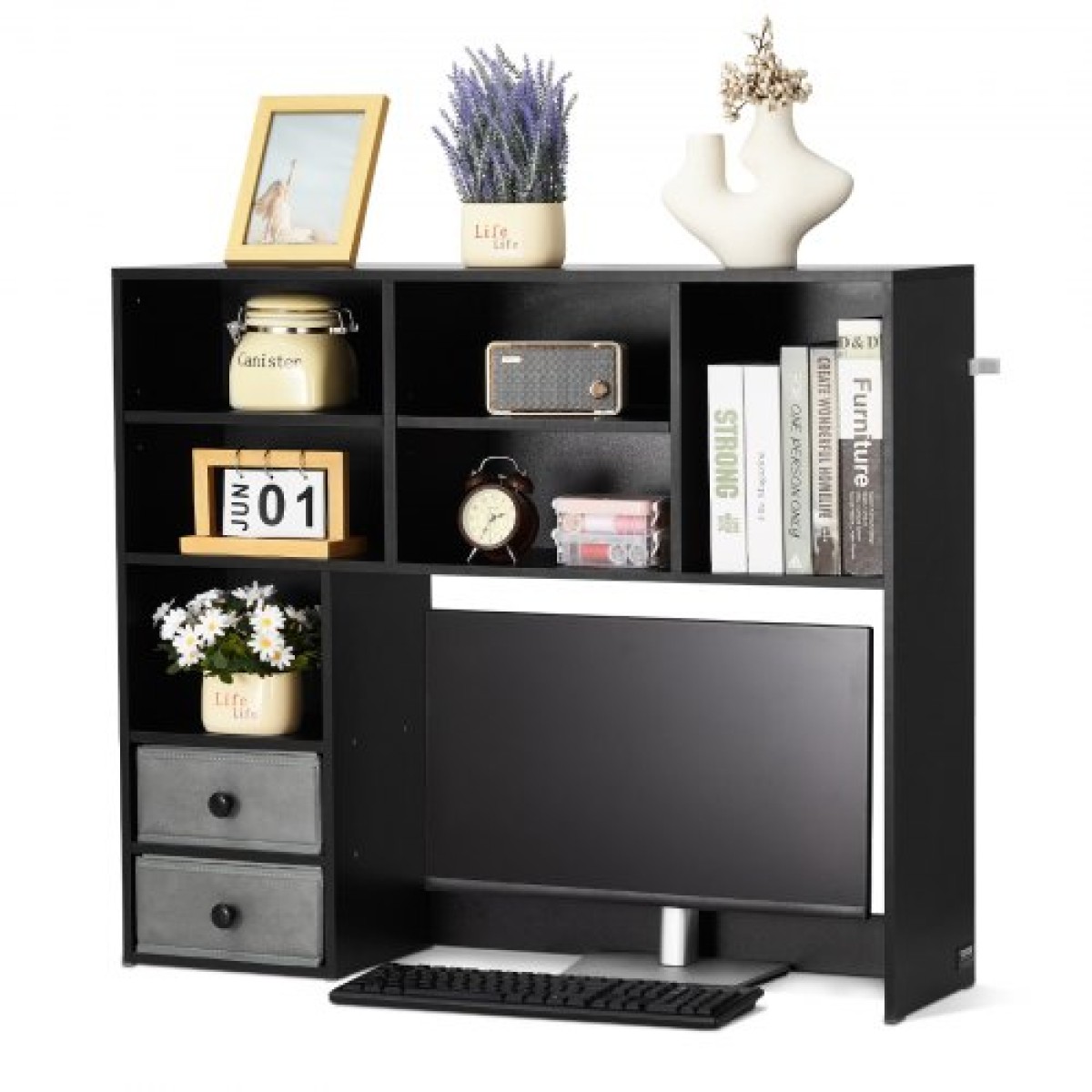 Επιτραπέζιο ράφι VEVOR, 3-Tier Desktop Storage Organizer, 37" x 10" x 31,1" ράφι γραφείου αποθήκευσης Ξύλινο ράφι, θήκη για επιτραπέζιο ράφι με δύο υφασμάτινα συρτάρια, για γραφείο, σπίτι και κοιτώνα, μαύρο
