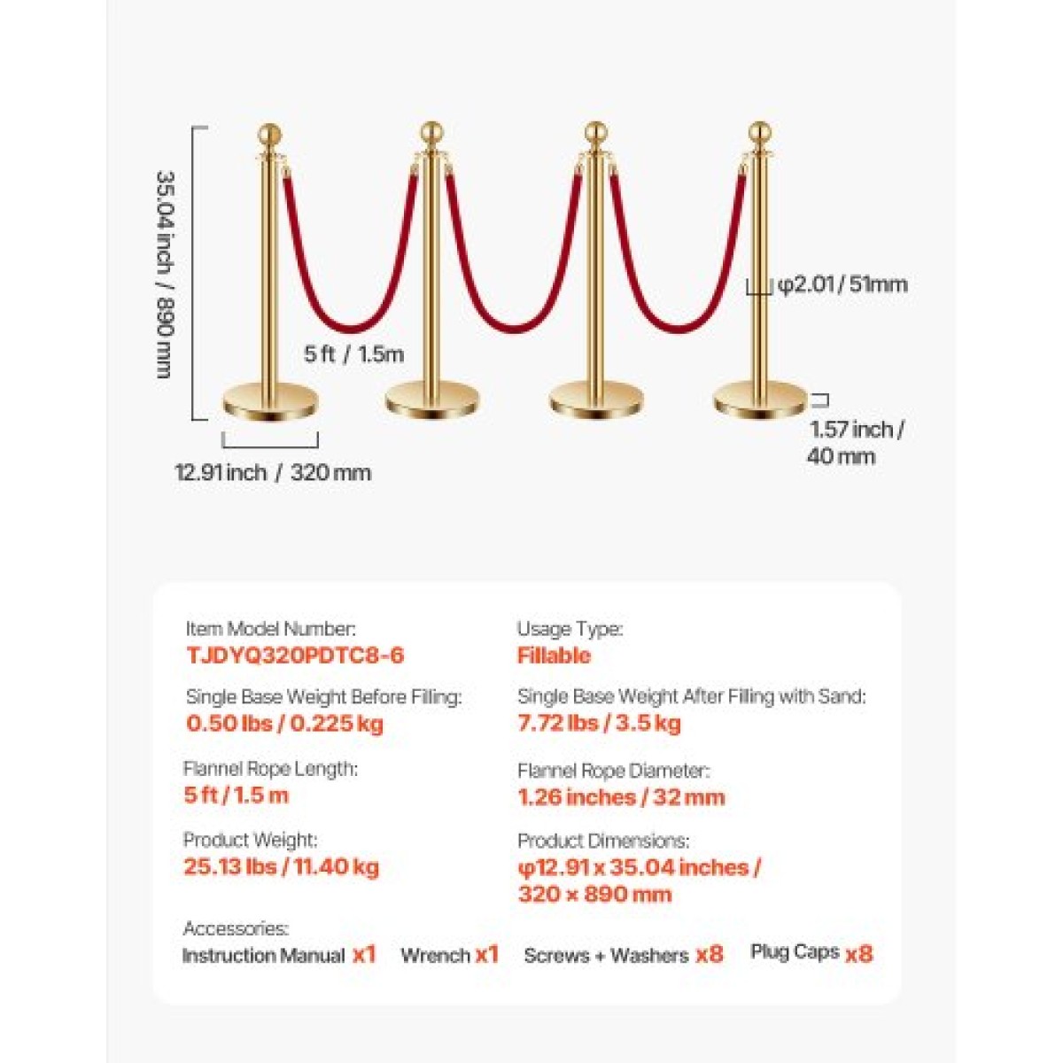 VEVOR Stanchion Post, 8 τμχ Σετ Crowd Control Barrier με 6 Red Velvet Ropes, 5 ft από ανοξείδωτο ατσάλι Gold Stanchion Post Queue με Sand Injection Hollow Base για θέατρο, πάρτι, γάμο, έκθεση