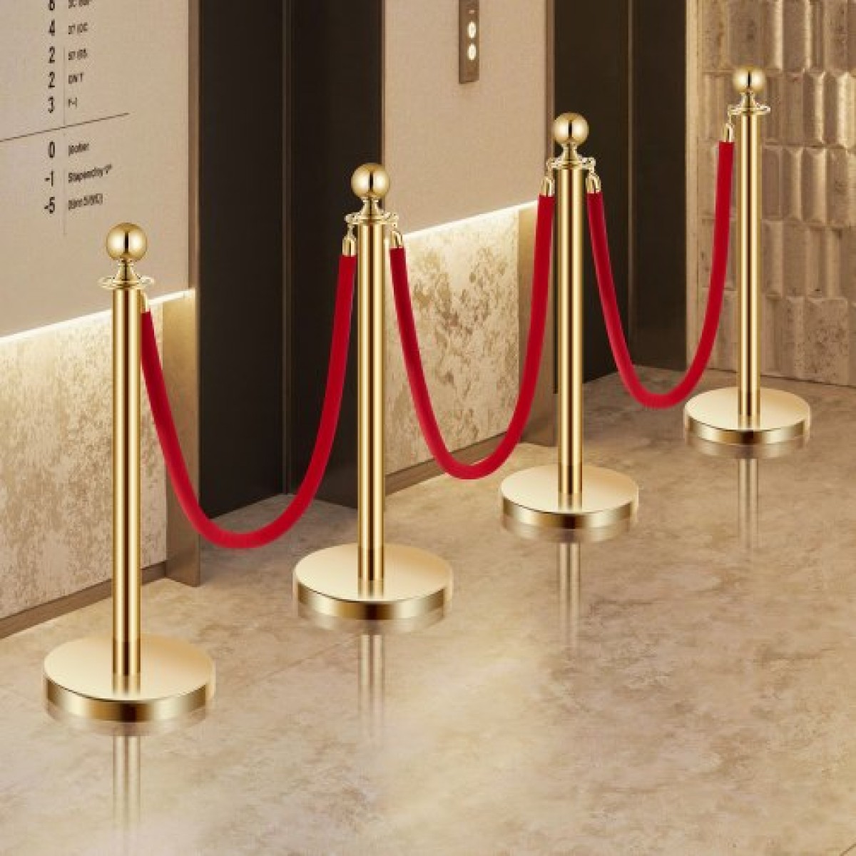 VEVOR Stanchion Post, 8 τμχ Σετ Crowd Control Barrier με 6 Red Velvet Ropes, 5 ft από ανοξείδωτο ατσάλι Gold Stanchion Post Queue με Sand Injection Hollow Base για θέατρο, πάρτι, γάμο, έκθεση