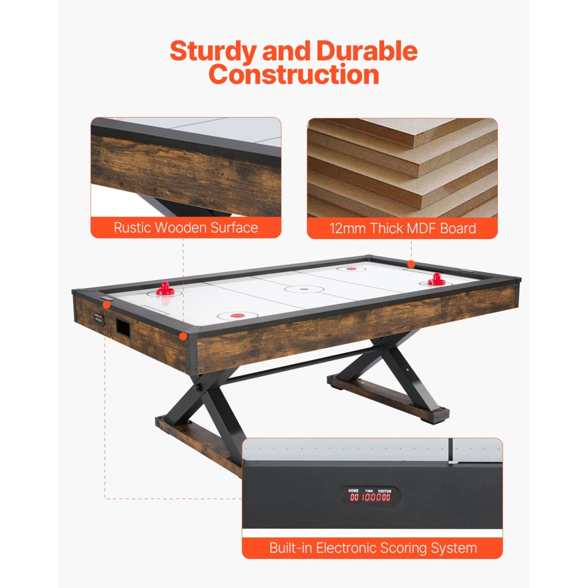 VEVOR 84" Air Hockey Table, Indoor Arcade Table Gaming Set με 2 Pushers, 2 Pucks, Ηλεκτρονικό σκόρερ, Πόδια σχήματος X & Ανεμιστήρας υψηλής ισχύος, Τραπέζι παιχνιδιών χόκεϊ με αέρα για οικογενειακό δωμάτιο παιχνιδιών