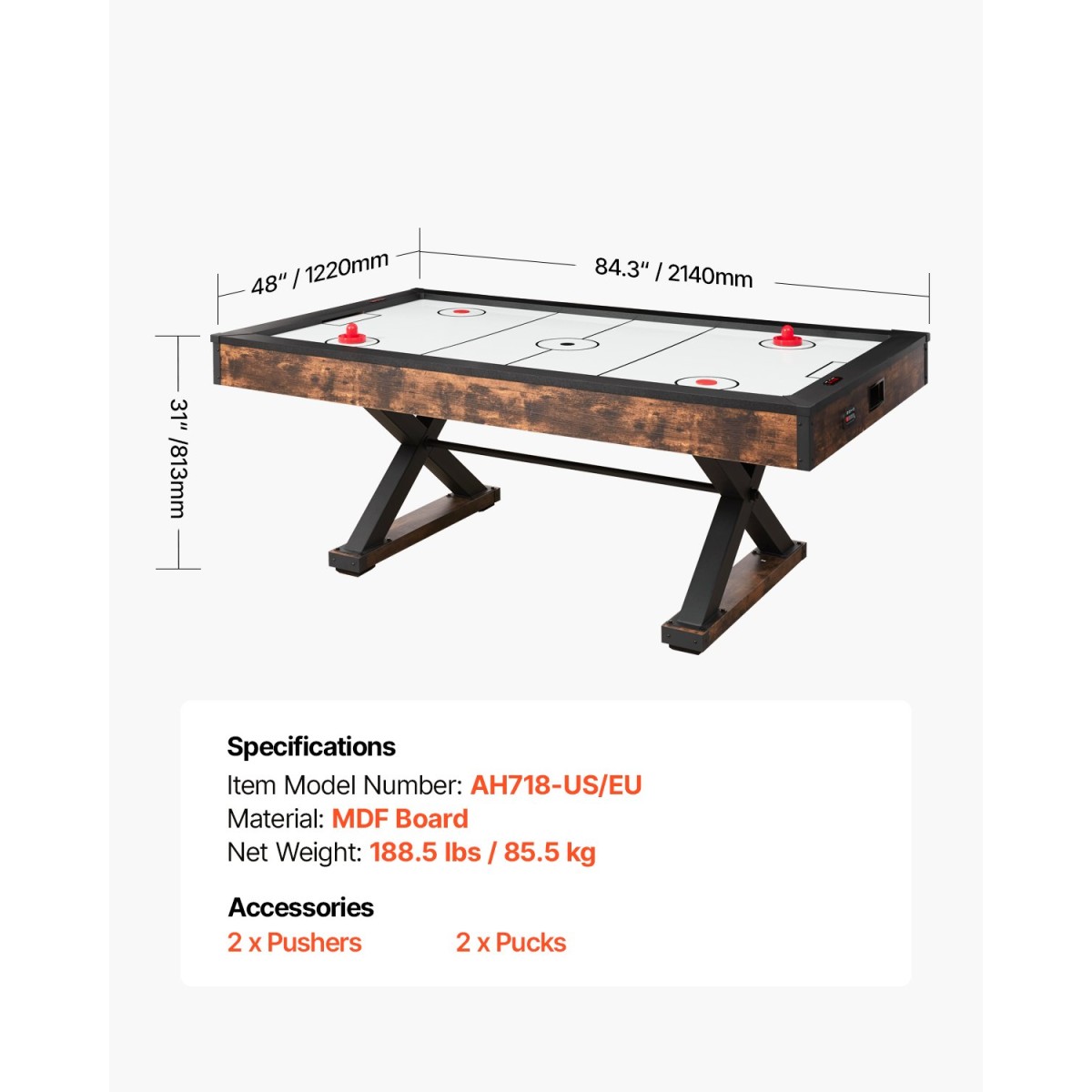 VEVOR 84" Air Hockey Table, Indoor Arcade Table Gaming Set με 2 Pushers, 2 Pucks, Ηλεκτρονικό σκόρερ, Πόδια σχήματος X & Ανεμιστήρας υψηλής ισχύος, Τραπέζι παιχνιδιών χόκεϊ με αέρα για οικογενειακό δωμάτιο παιχνιδιών