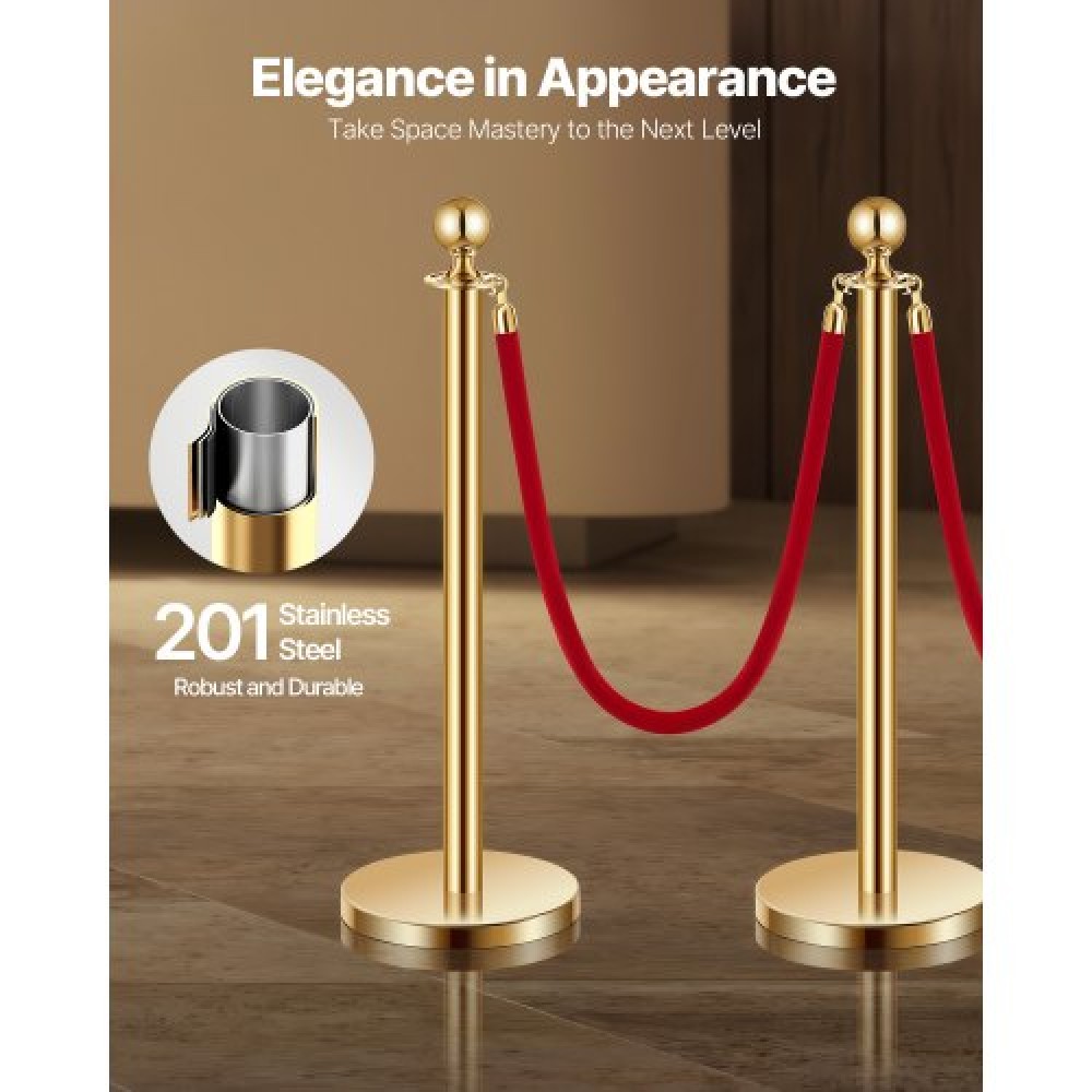 VEVOR Stanchion Post, 4 τεμάχια Crowd Control Barrier Set με 3 Red Velvet Ropes, 5 ft inox Gold Stanchion Post Queue with Sand Injection Hollow Base for Theatre, Party, Wedding, Exhibition
