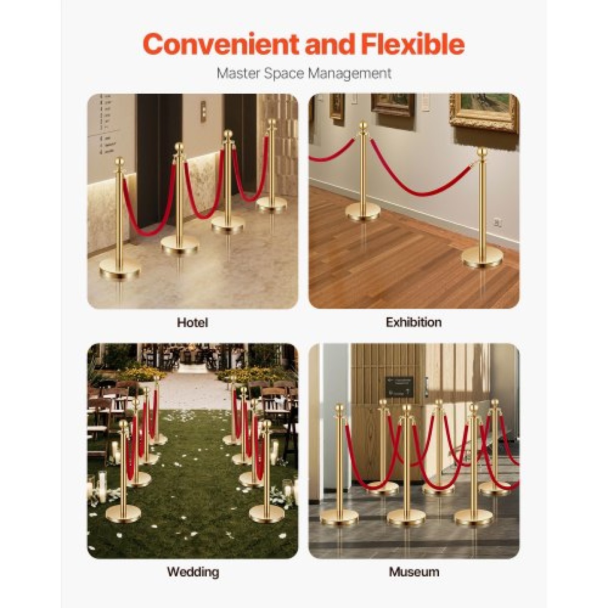 VEVOR Stanchion Post, 4 τεμάχια Crowd Control Barrier Set με 3 Red Velvet Ropes, 5 ft inox Gold Stanchion Post Queue with Sand Injection Hollow Base for Theatre, Party, Wedding, Exhibition