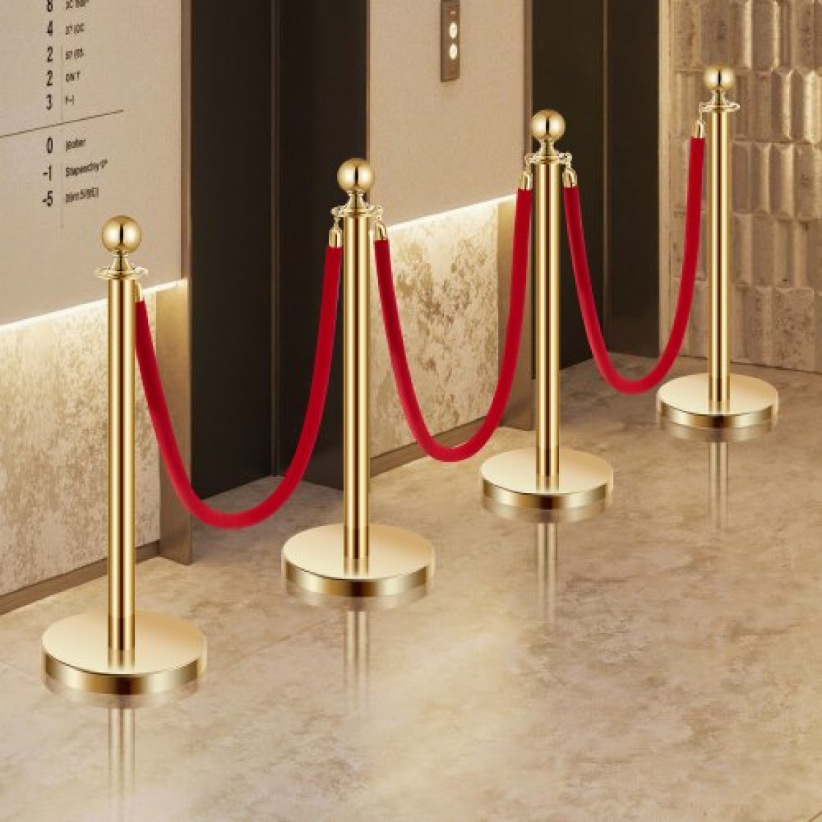 VEVOR Stanchion Post, 4 τεμάχια Crowd Control Barrier Set με 3 Red Velvet Ropes, 5 ft inox Gold Stanchion Post Queue with Sand Injection Hollow Base for Theatre, Party, Wedding, Exhibition