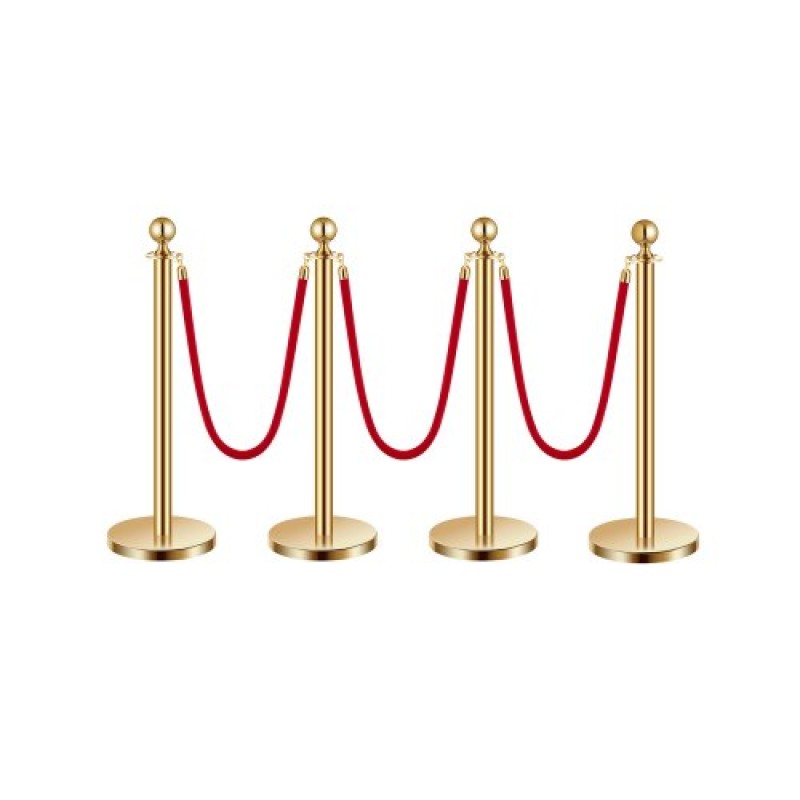 VEVOR Stanchion Post, 4 τεμάχια Crowd Control Barrier Set με 3 Red Velvet Ropes, 5 ft inox Gold Stanchion Post Queue with Sand Injection Hollow Base for Theatre, Party, Wedding, Exhibition