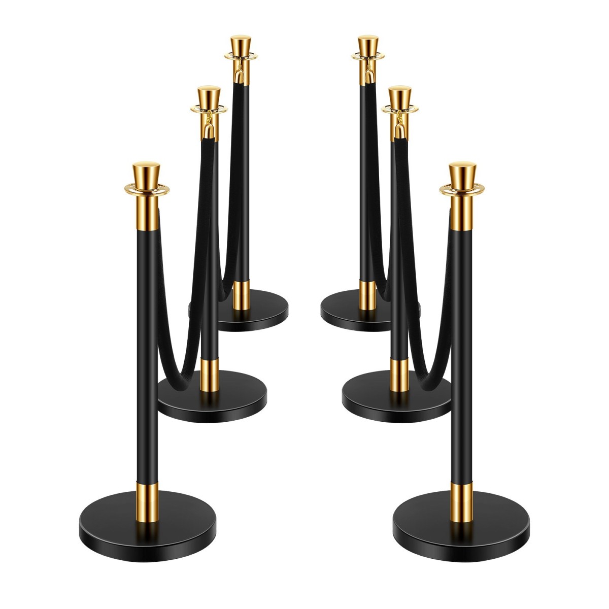 VEVOR Stanchion Post, 6 τεμ. Crowd Control Barrier με 4 μαύρα βελούδινα σχοινιά, 5 πόδια από ανοξείδωτο ατσάλι Stanchion Post Queue με Sand Injection Hollow Base για Θέατρο, Πάρτι, Γάμο, Έκθεση, Μαύρο