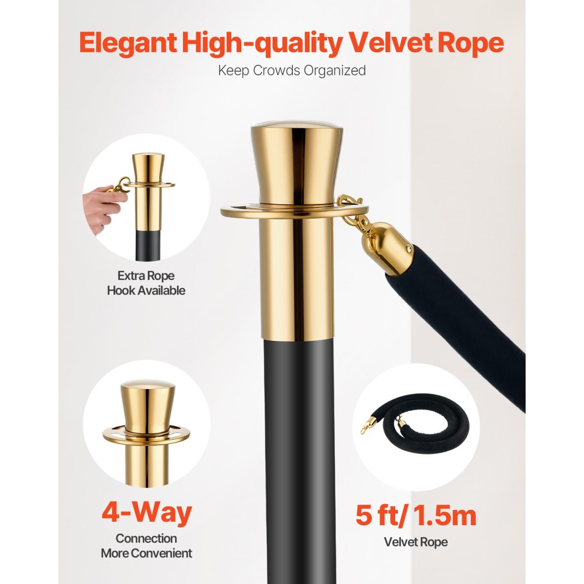 VEVOR Stanchion Post, 6 τεμ. Crowd Control Barrier με 4 μαύρα βελούδινα σχοινιά, 5 πόδια από ανοξείδωτο ατσάλι Stanchion Post Queue με Sand Injection Hollow Base για Θέατρο, Πάρτι, Γάμο, Έκθεση, Μαύρο